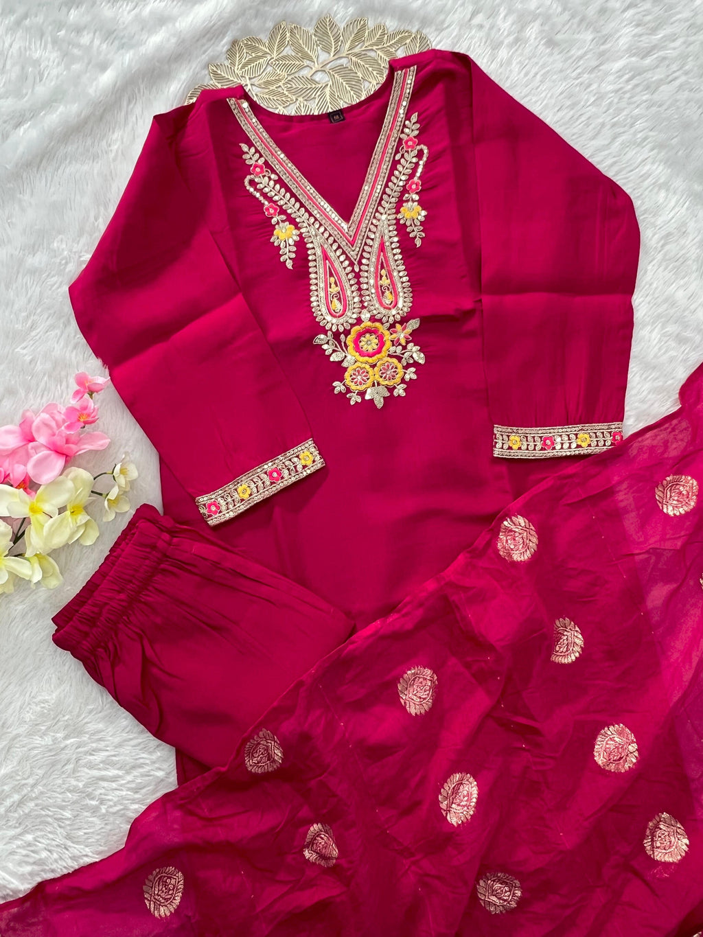 Pink Roman Silk Embroidered Kurta Pant Dupatta Set for Women