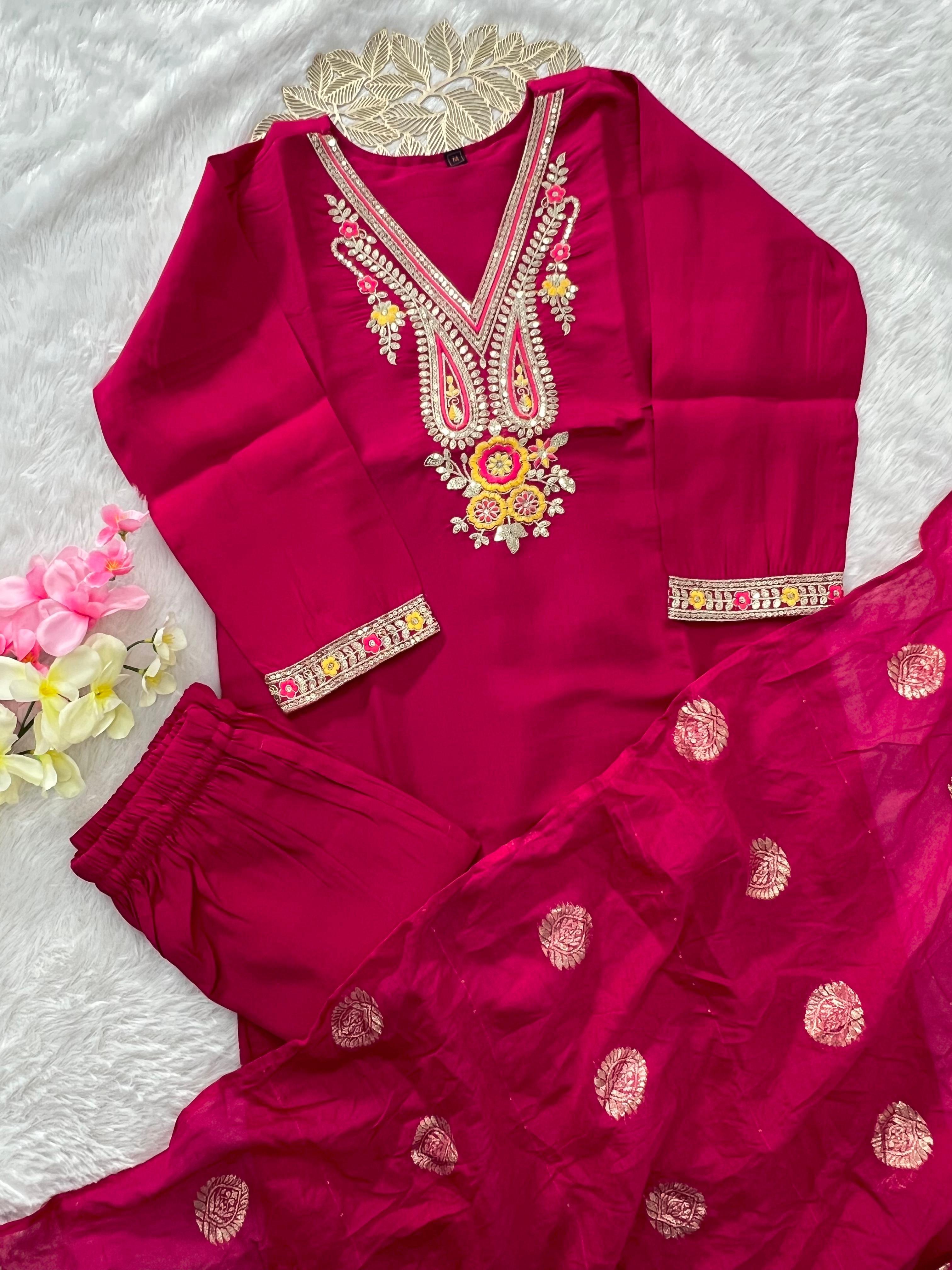 Pink Roman Silk Embroidered Kurta Pant Dupatta Set for Women