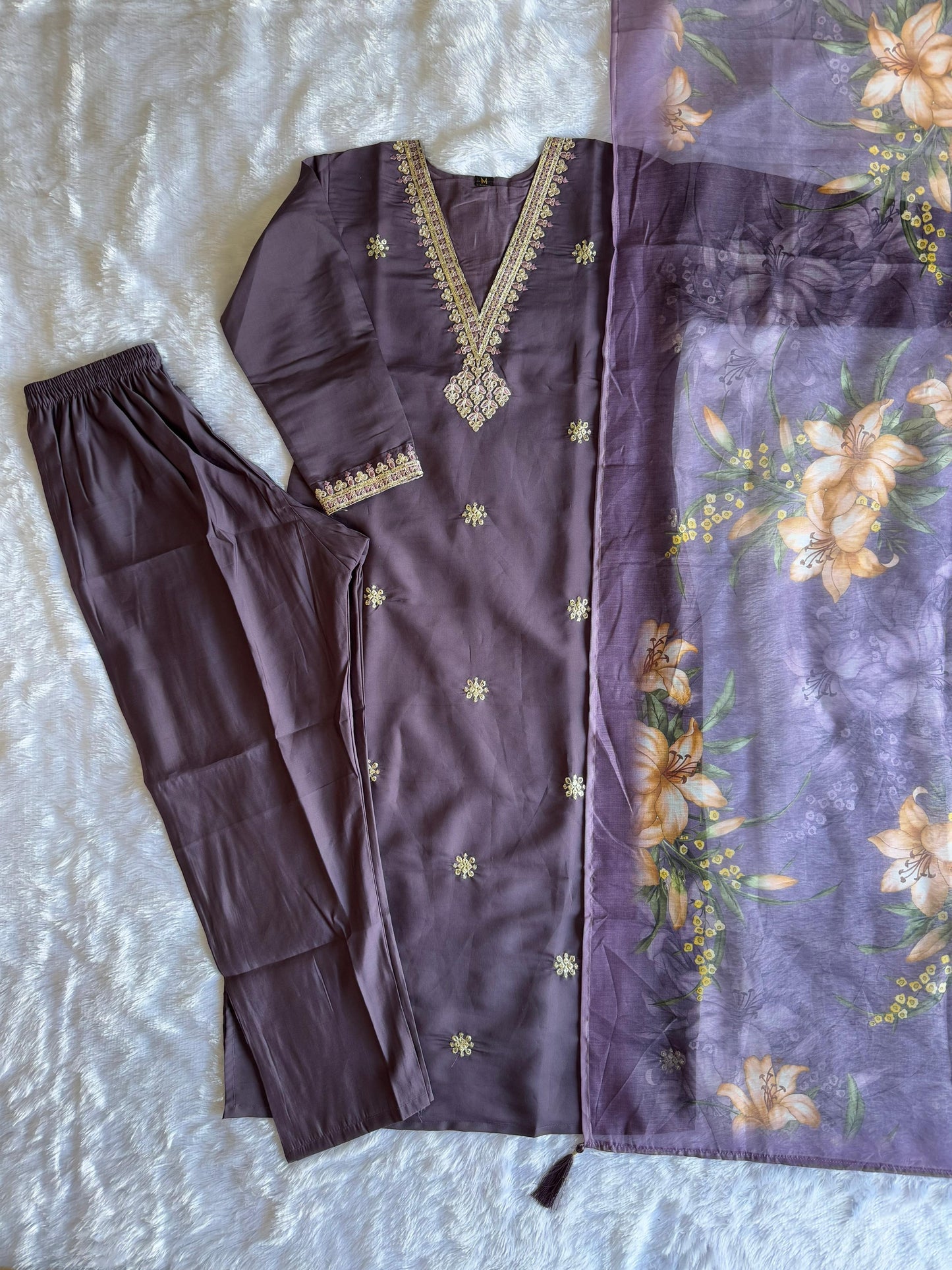 Roman Silk Kurti Set with Digital Print Chanderi Dupatta | Embroidered 3-Piece Ensemble