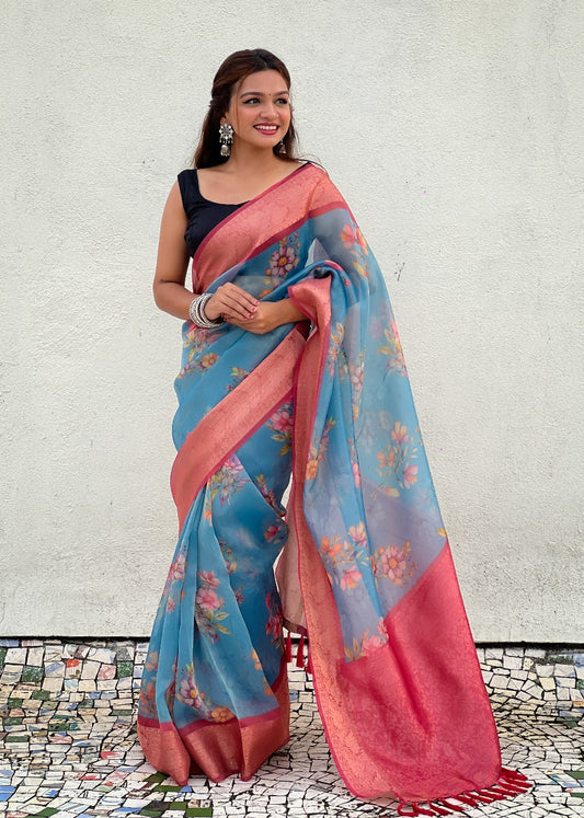 Floral Print Crush Tissue Saree with Zari Work - Ready to Wear Festival Saree