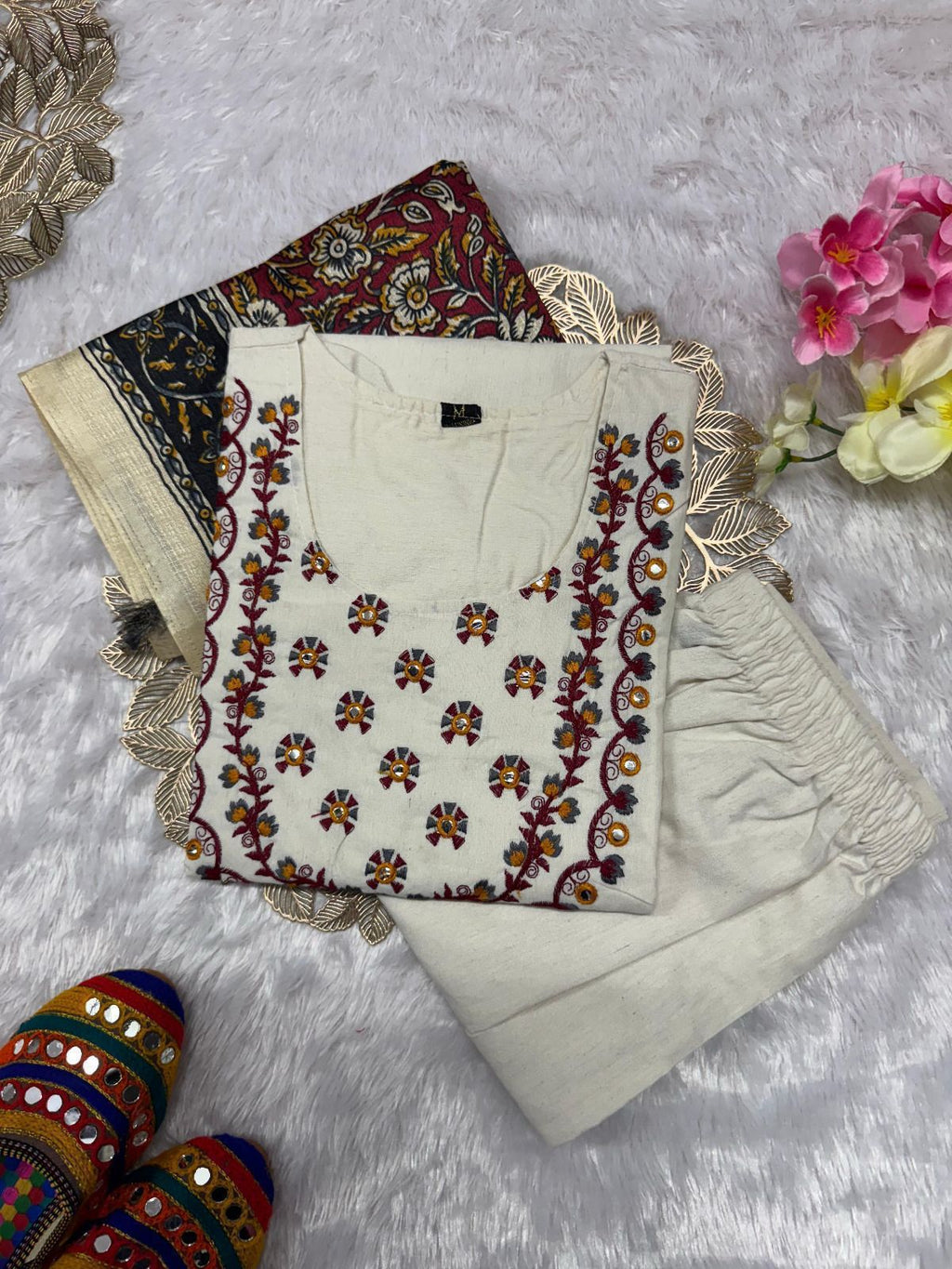 Laltika Women's Khadi Cotton Embroidered Kurta Pant Dupatta Set with Bhagalpuri Khadi Print Dupatta