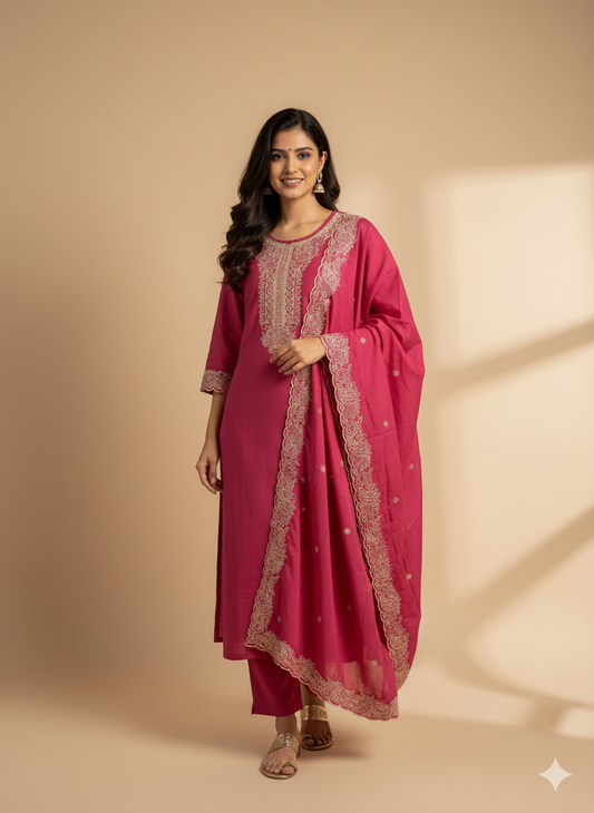 Peach Roman Silk Kurti Set with Embroidered Dupatta
