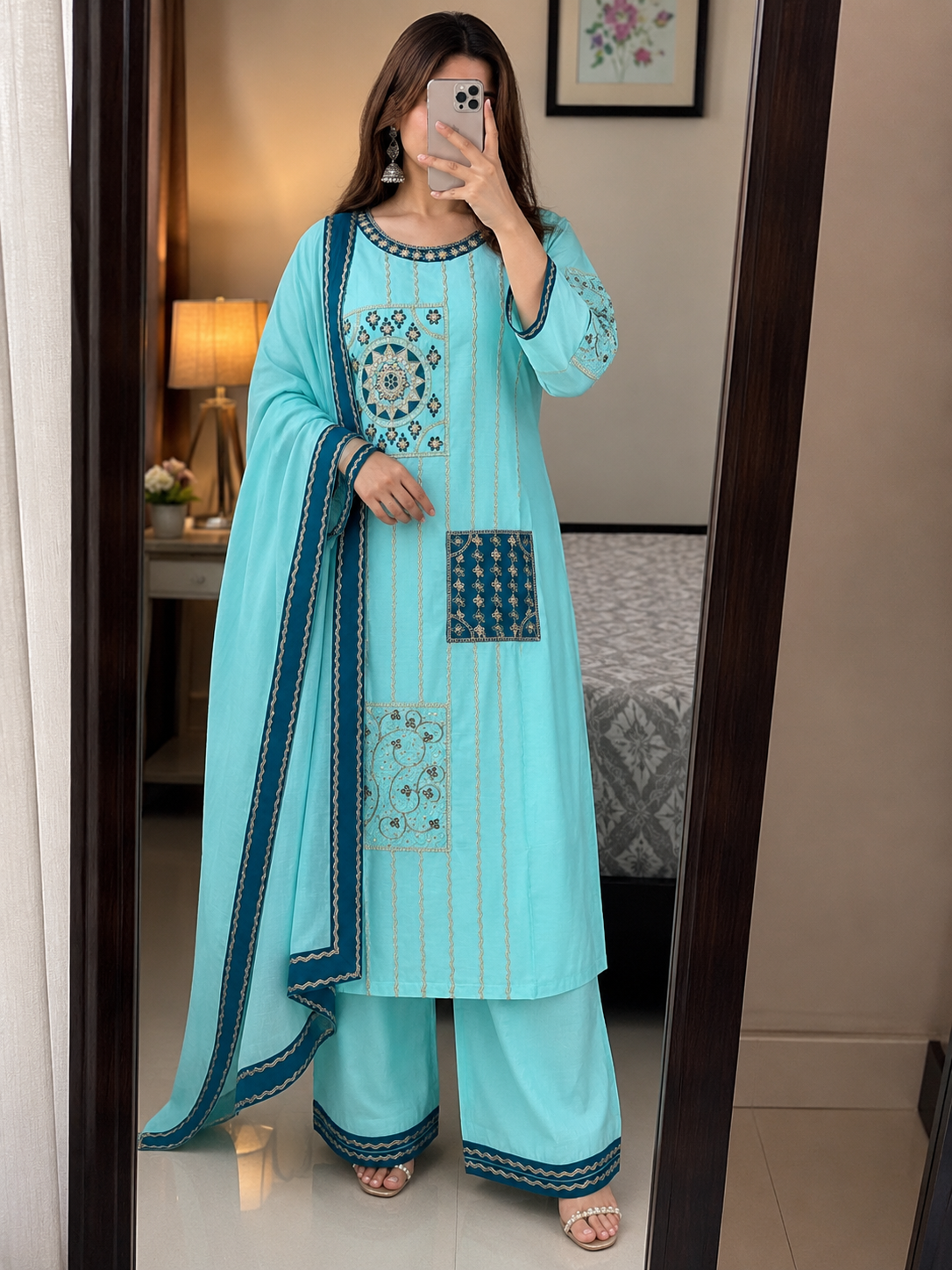 Laltika Veda Cotton Blend Embroidered Kurta Pant Dupatta Set for Women