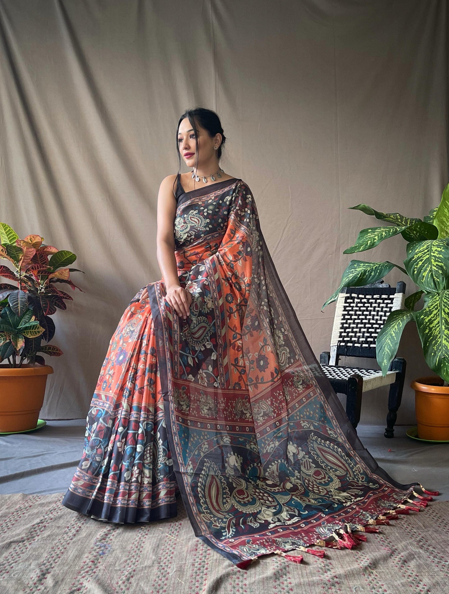 Cotton Kalamkari 2 | Pure Cotton Saree with Traditional Kalamkari Print & Contrast Blouse