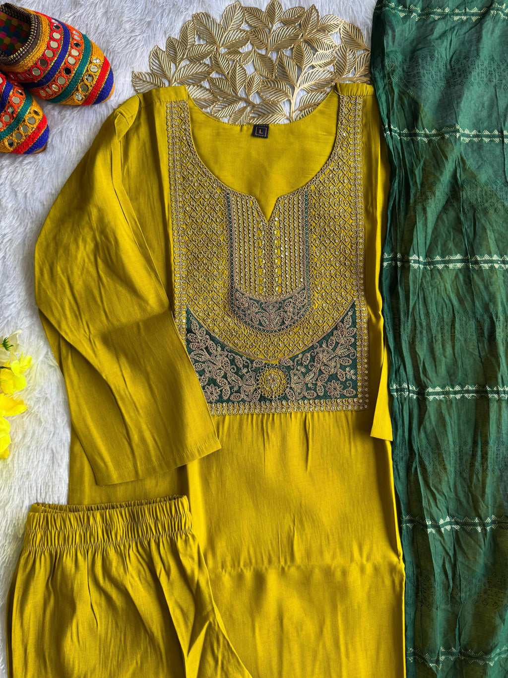 Lemon Yellow Roman Silk Embroidered Kurta Pant Dupatta Set for Women