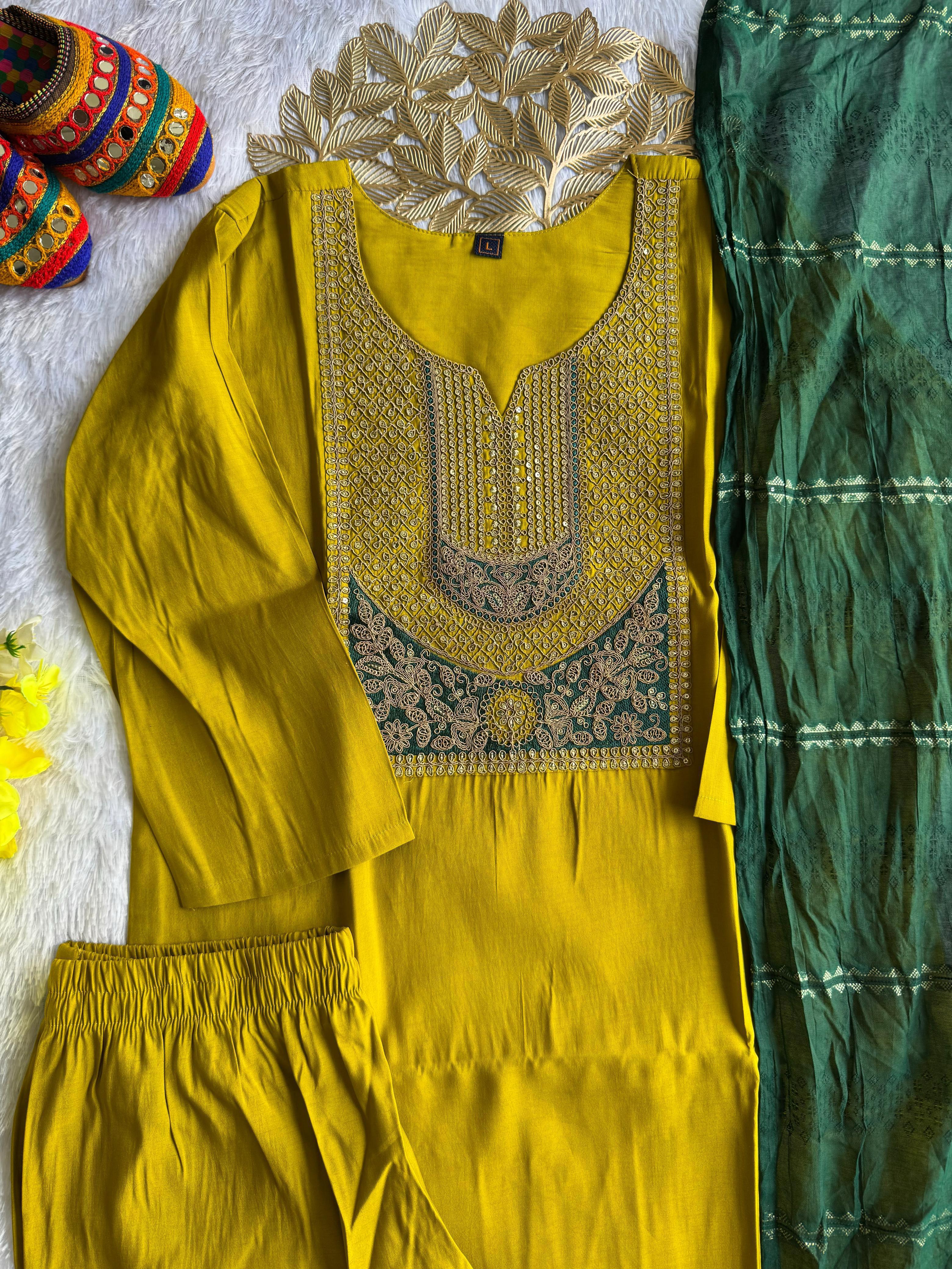 Lemon Yellow Roman Silk Embroidered Kurta Pant Dupatta Set for Women