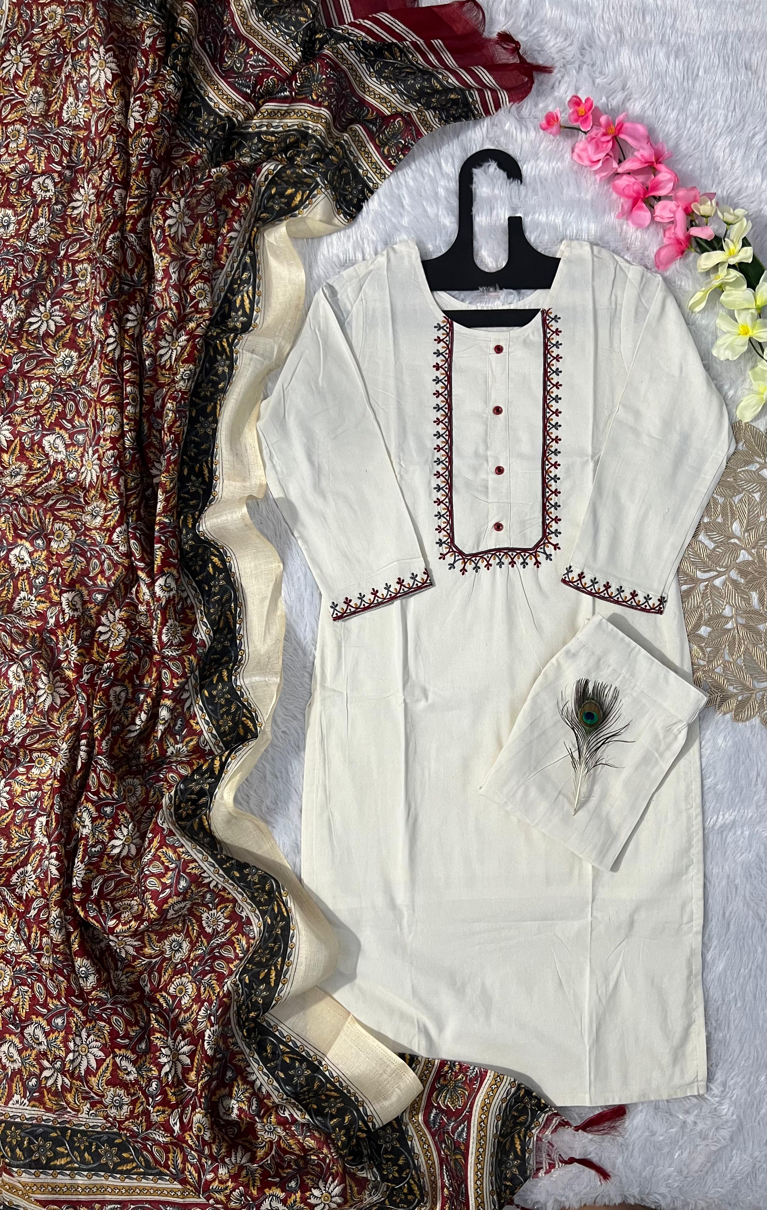 Khadi Cotton Embroidered Kurta Pant Dupatta Set for Women