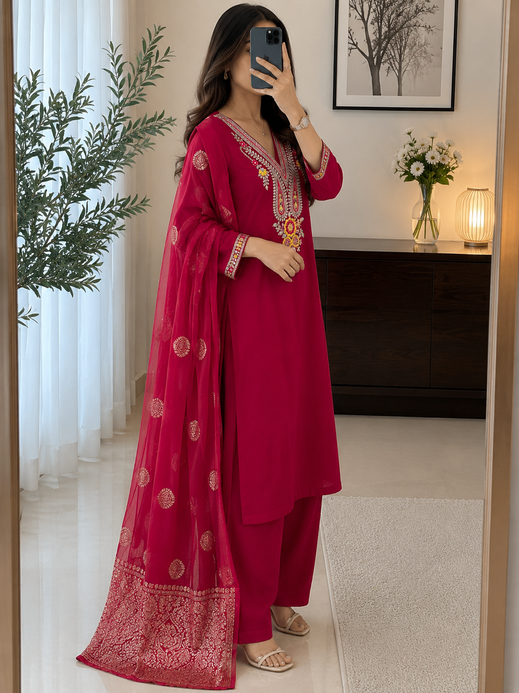 Pink Roman Silk Embroidered Kurta Pant Dupatta Set for Women