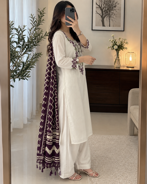 Khadi Cotton Embroidered Kurta Pant Dupatta Set for Women