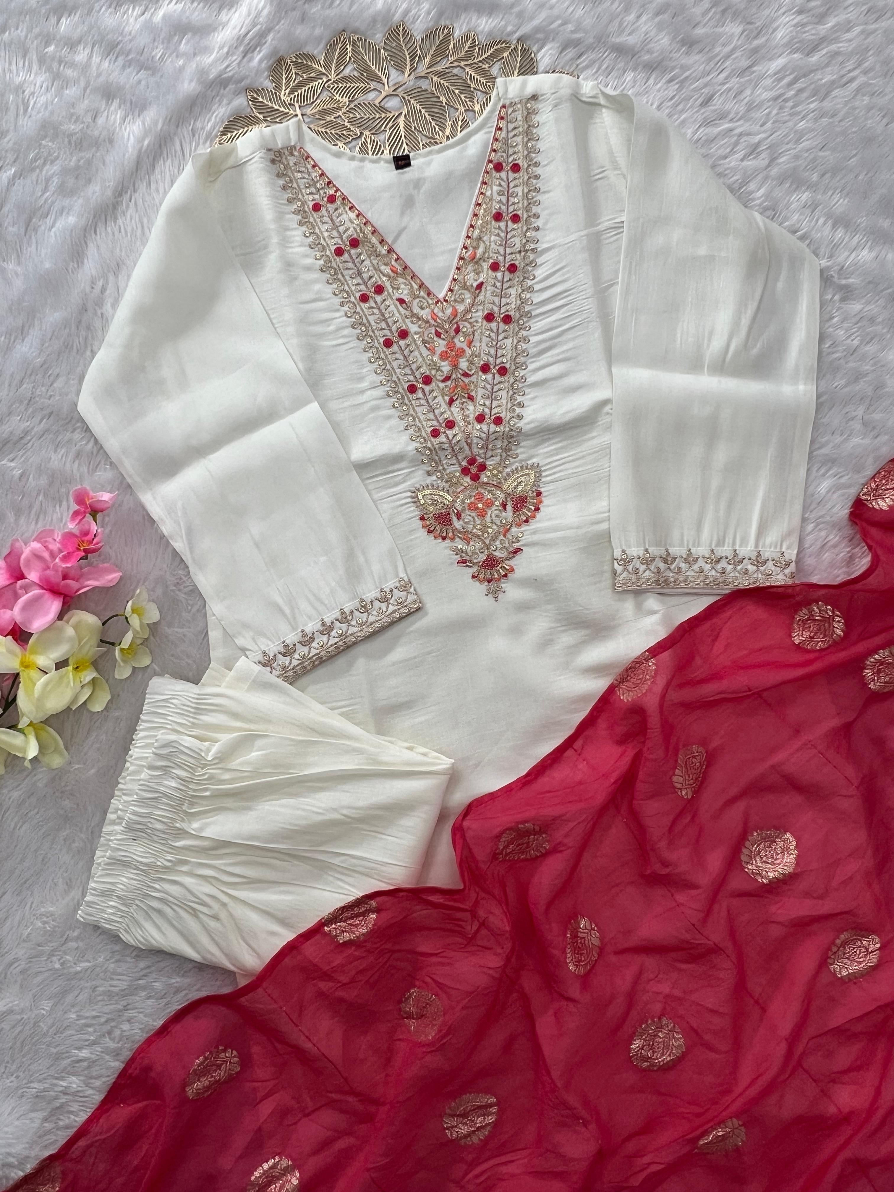 Off White Roman Silk Embroidered Kurta Pant Dupatta Set for Women