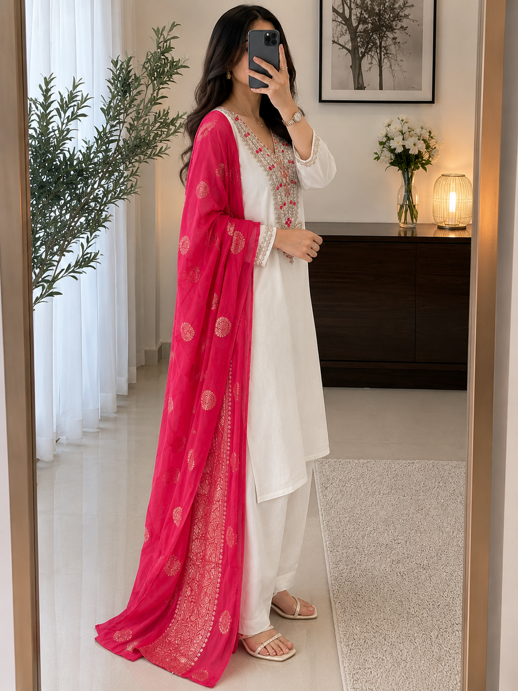 Off White Roman Silk Embroidered Kurta Pant Dupatta Set for Women