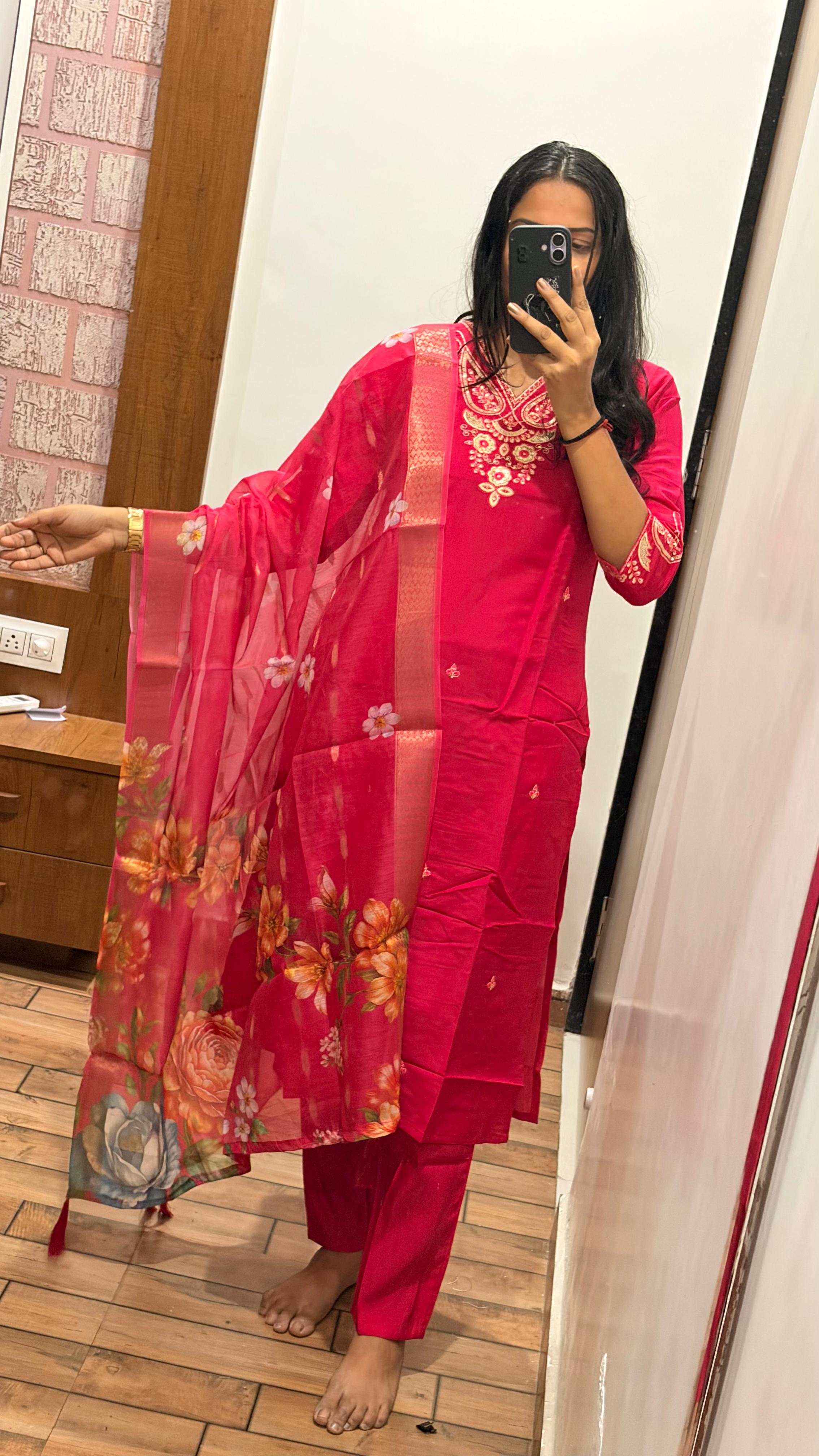 Laltika Pink Roman Silk Embroidered Kurta Pant Dupatta Set with Chanderi Jacquard Dupatta