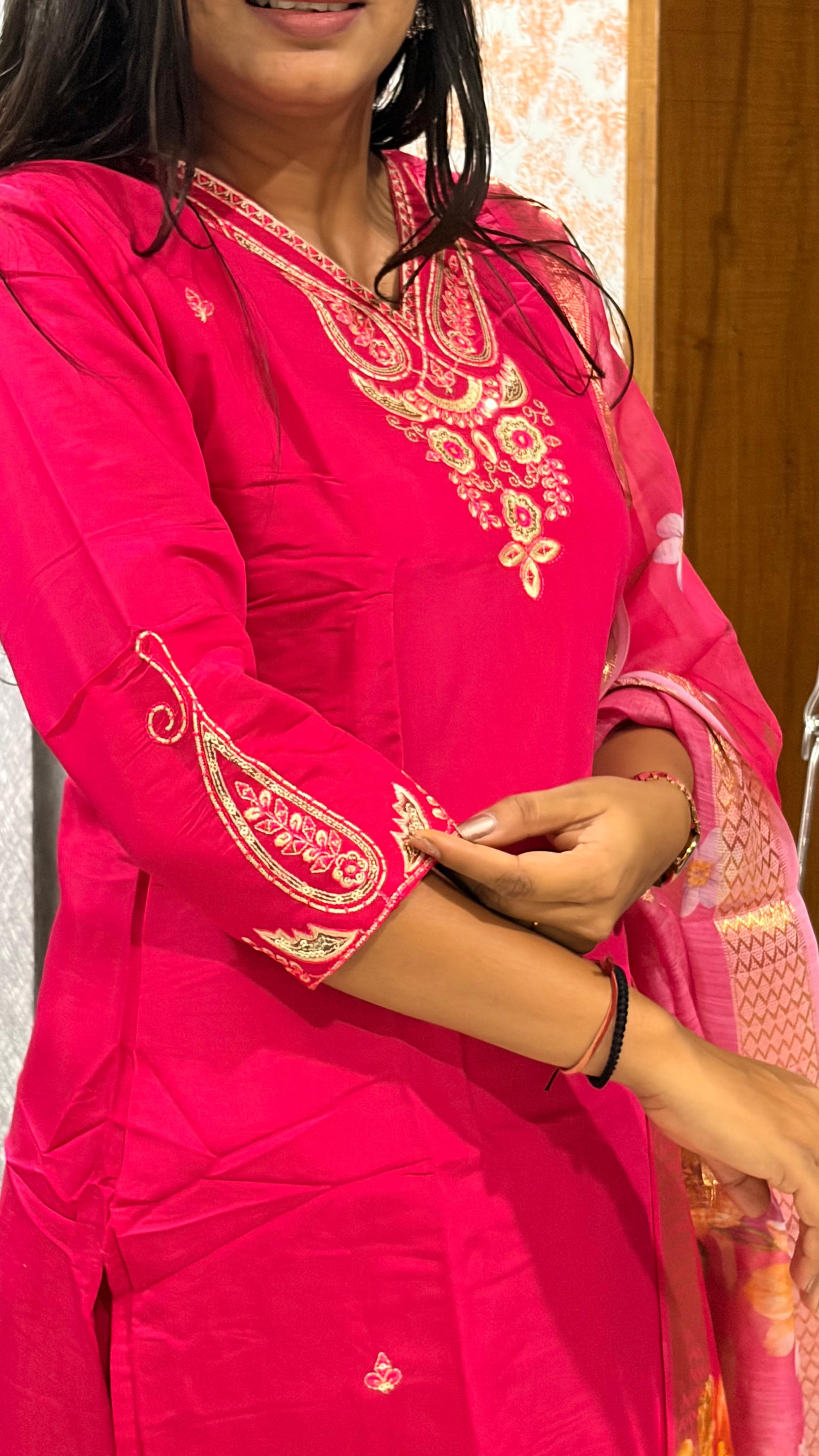 Laltika Pink Roman Silk Embroidered Kurta Pant Dupatta Set with Chanderi Jacquard Dupatta