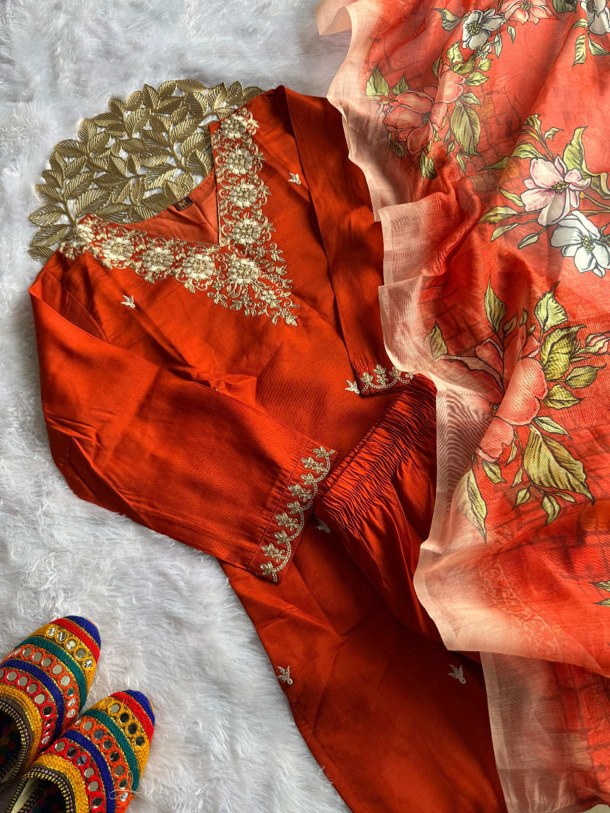 Roman Silk Kurti Set with Embroidery & Sequins Work | Tomato Pink Designer Kurti Pent Dupatta |