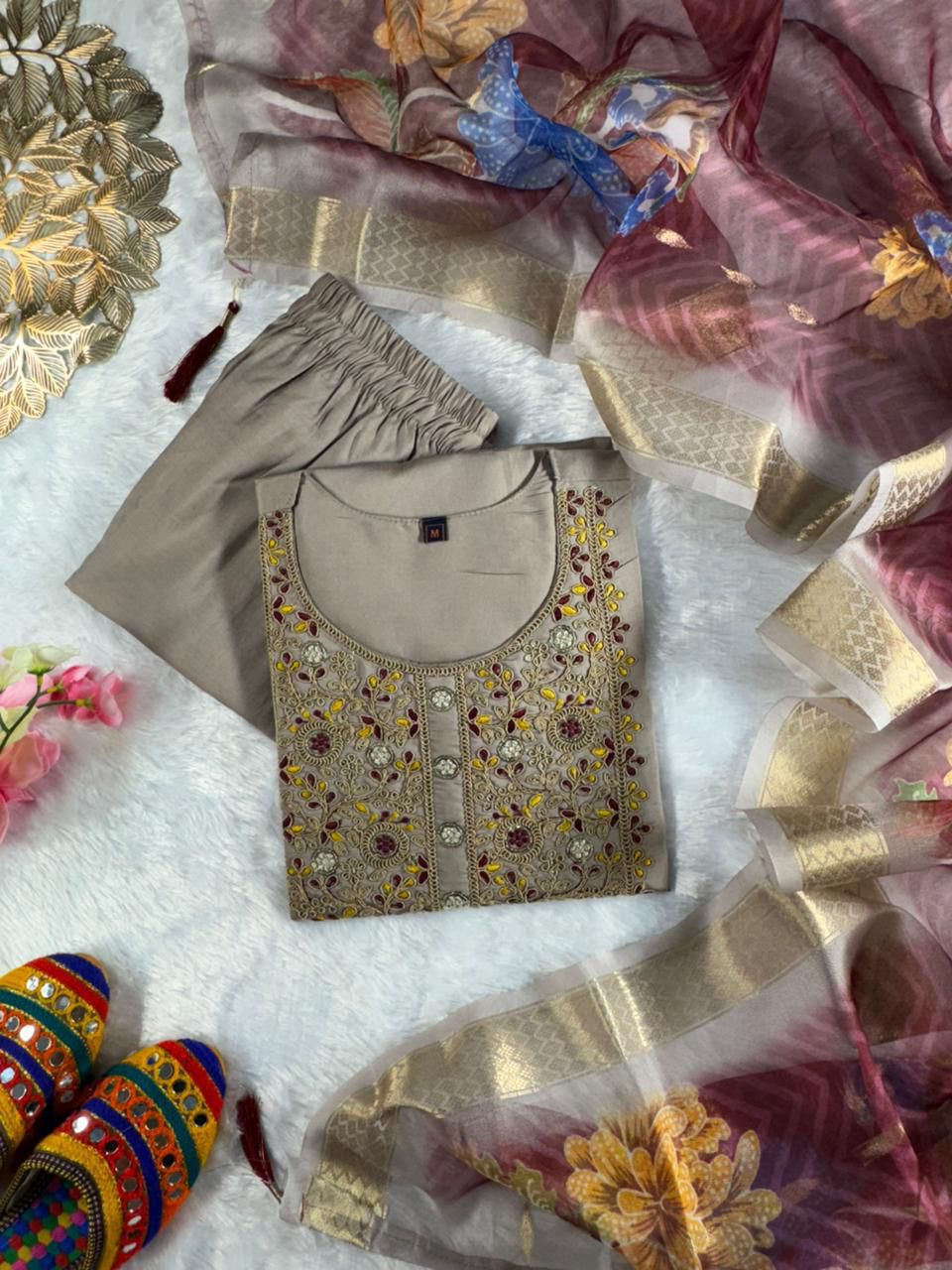 Roman Silk Embroidered Kurta Pant Dupatta Set for Women