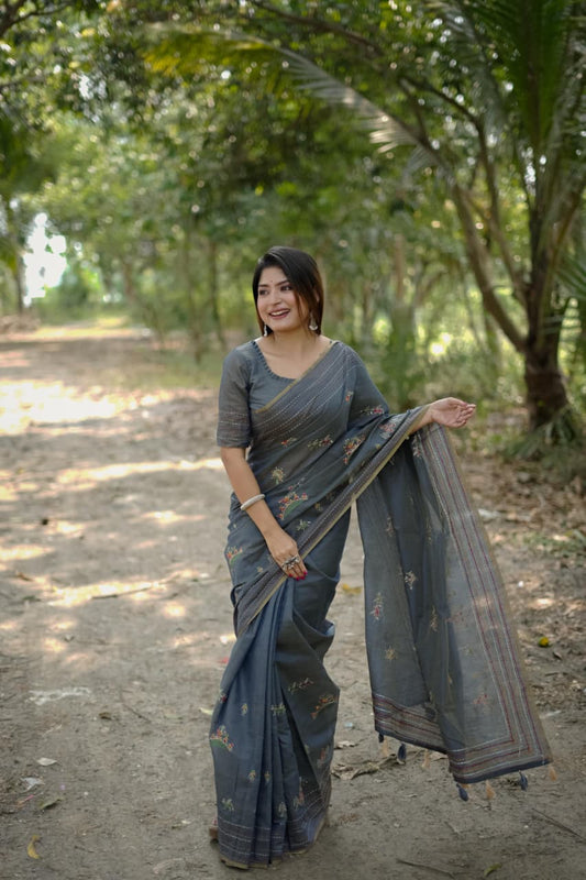 Premium Khadi Tussar Silk Saree with Kantha Stitch Border