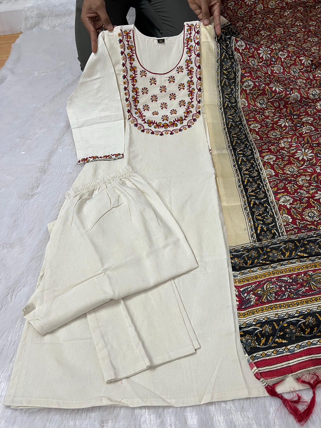 Laltika Women's Khadi Cotton Embroidered Kurta Pant Dupatta Set with Bhagalpuri Khadi Print Dupatta