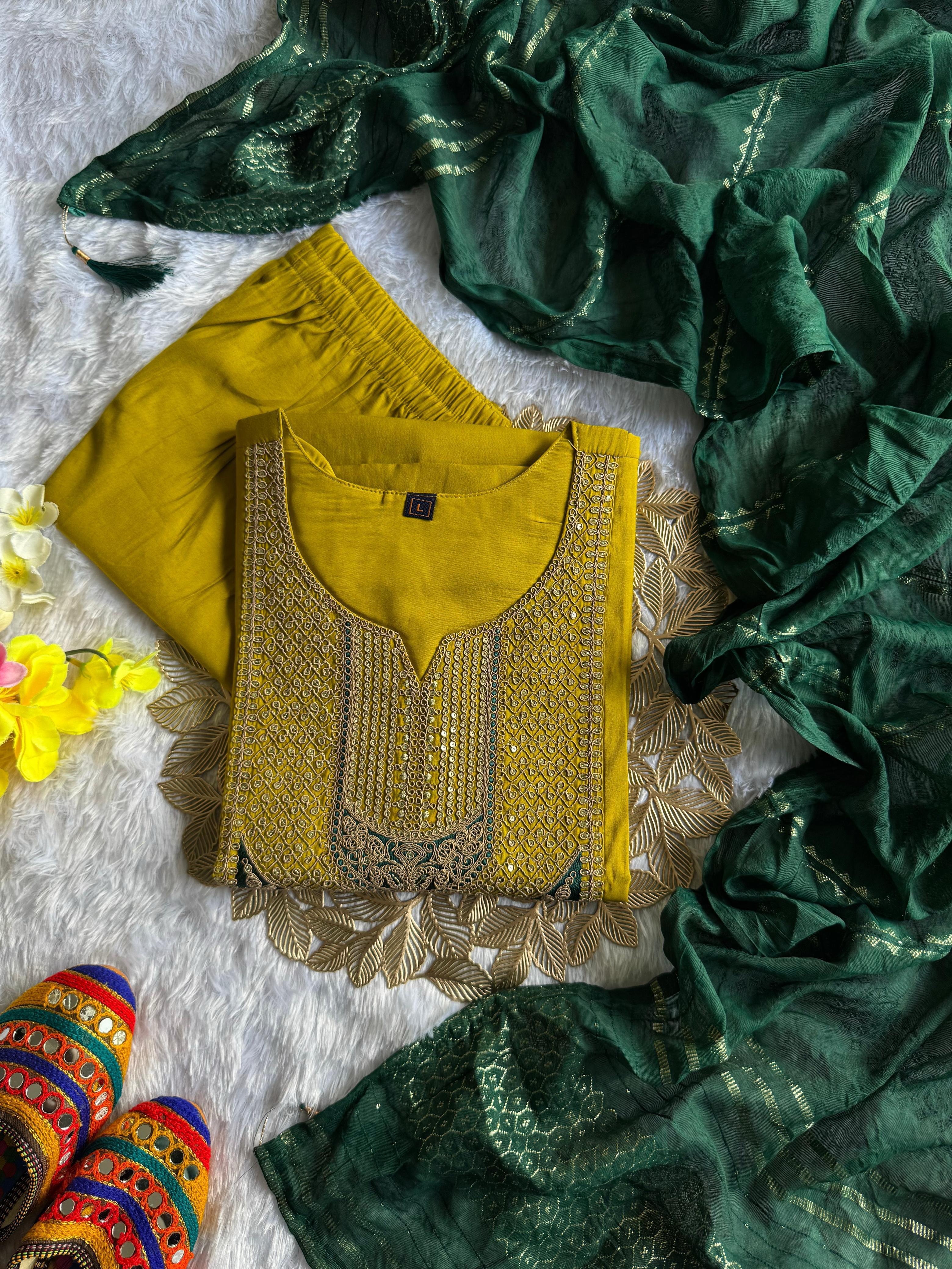 Lemon Yellow Roman Silk Embroidered Kurta Pant Dupatta Set for Women