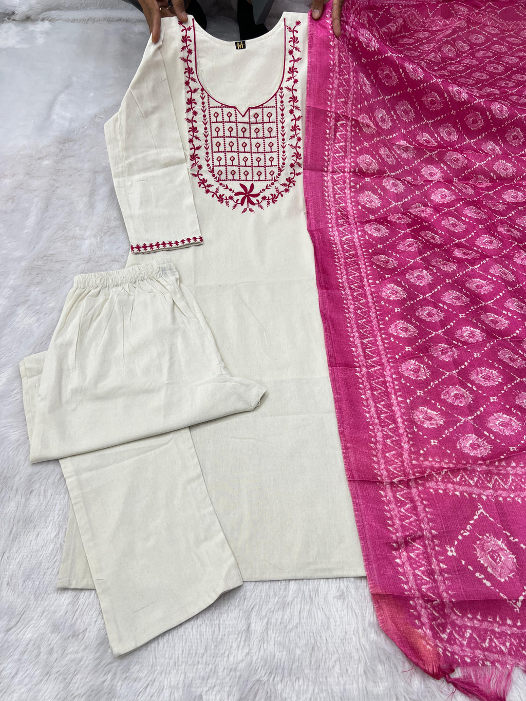 Khadi Cotton Embroidered Kurta Pant Dupatta Set for Women