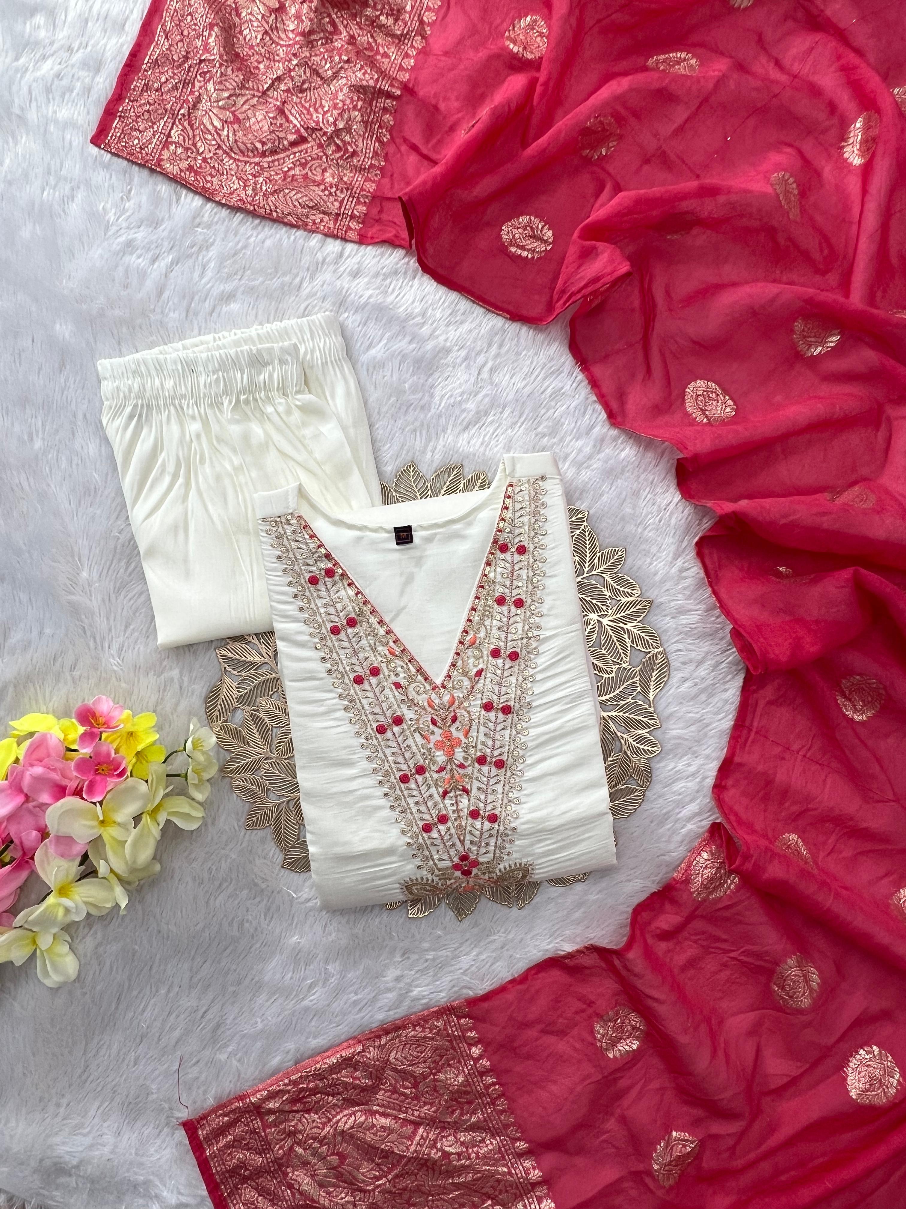 Off White Roman Silk Embroidered Kurta Pant Dupatta Set for Women