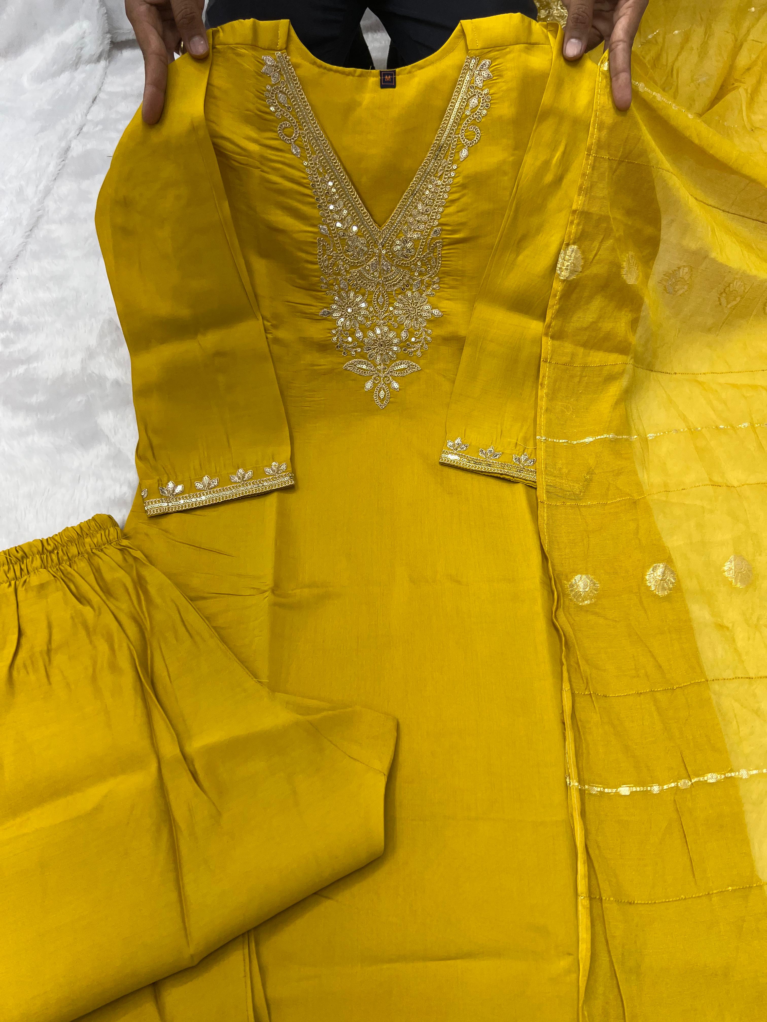 Lemon Yellow Roman Silk Embroidered Kurta Pant Dupatta Set for Women