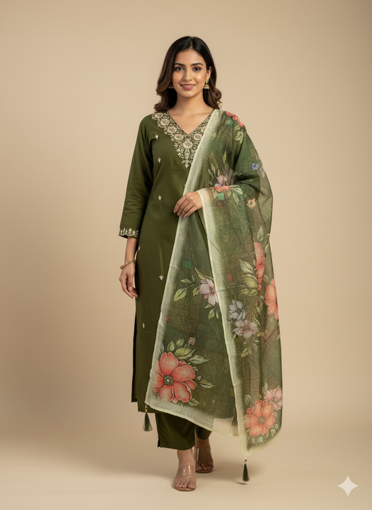 Roman Silk Kurti Set with Embroidery & Sequins Work | Tomato Pink Designer Kurti Pent Dupatta Set