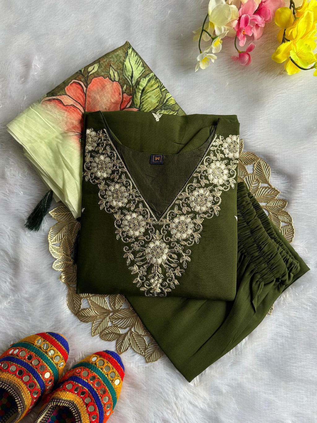 Laltika Mehndi Green Roman Silk Embroidered Kurta Pant Dupatta Set for Women with Chanderi Digital Print Dupatta