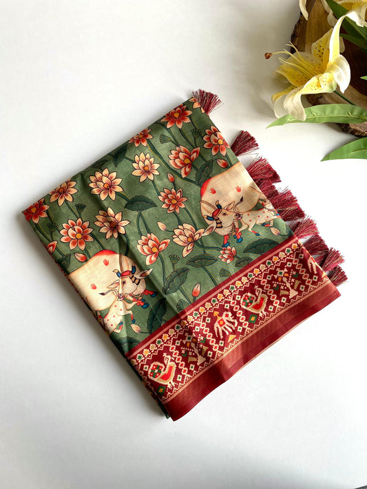 Dola Viscose Saree with Digital Print & Zari Patta Border