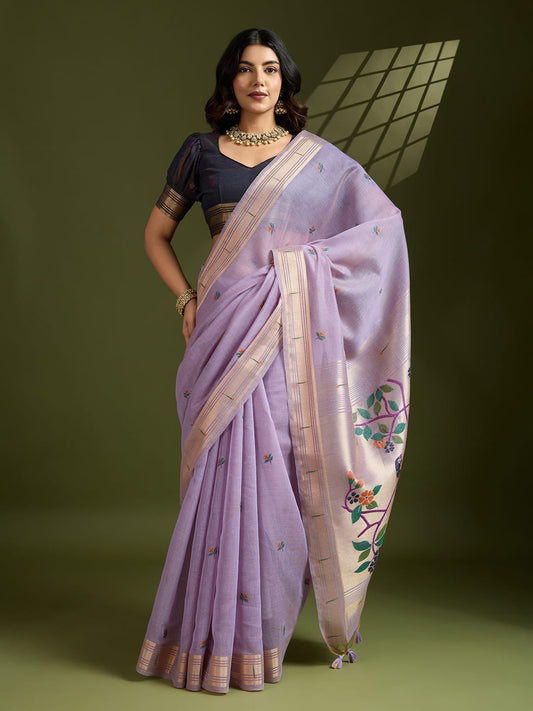 Muga Cotton Paithani Saree with Resham Weaving & Zari Border | Wedding Festive Wear