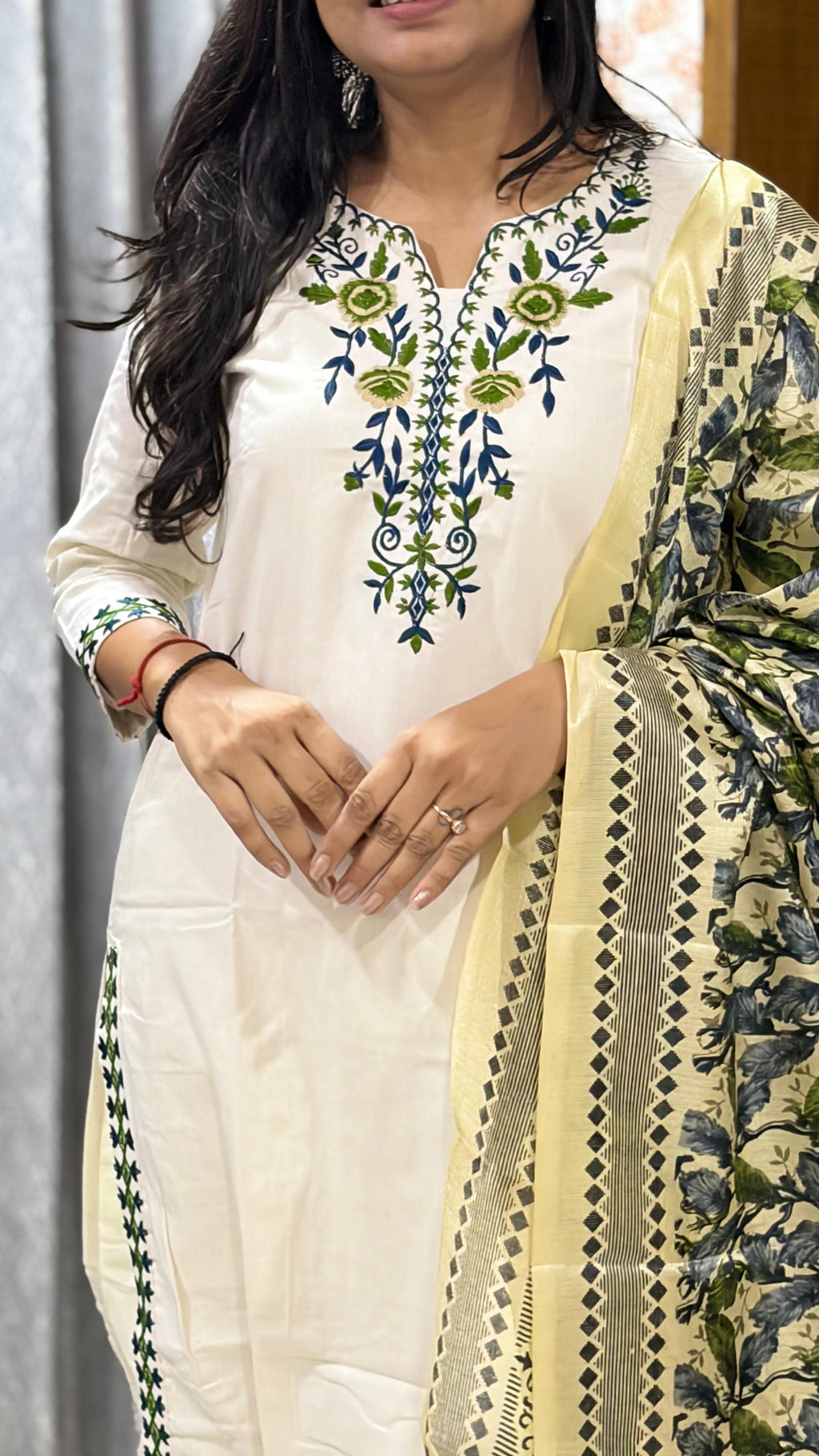 Laltika Women's Khadi Cotton Embroidered Kurta Pant Dupatta Set with Bhagalpuri Khadi Print Dupatta