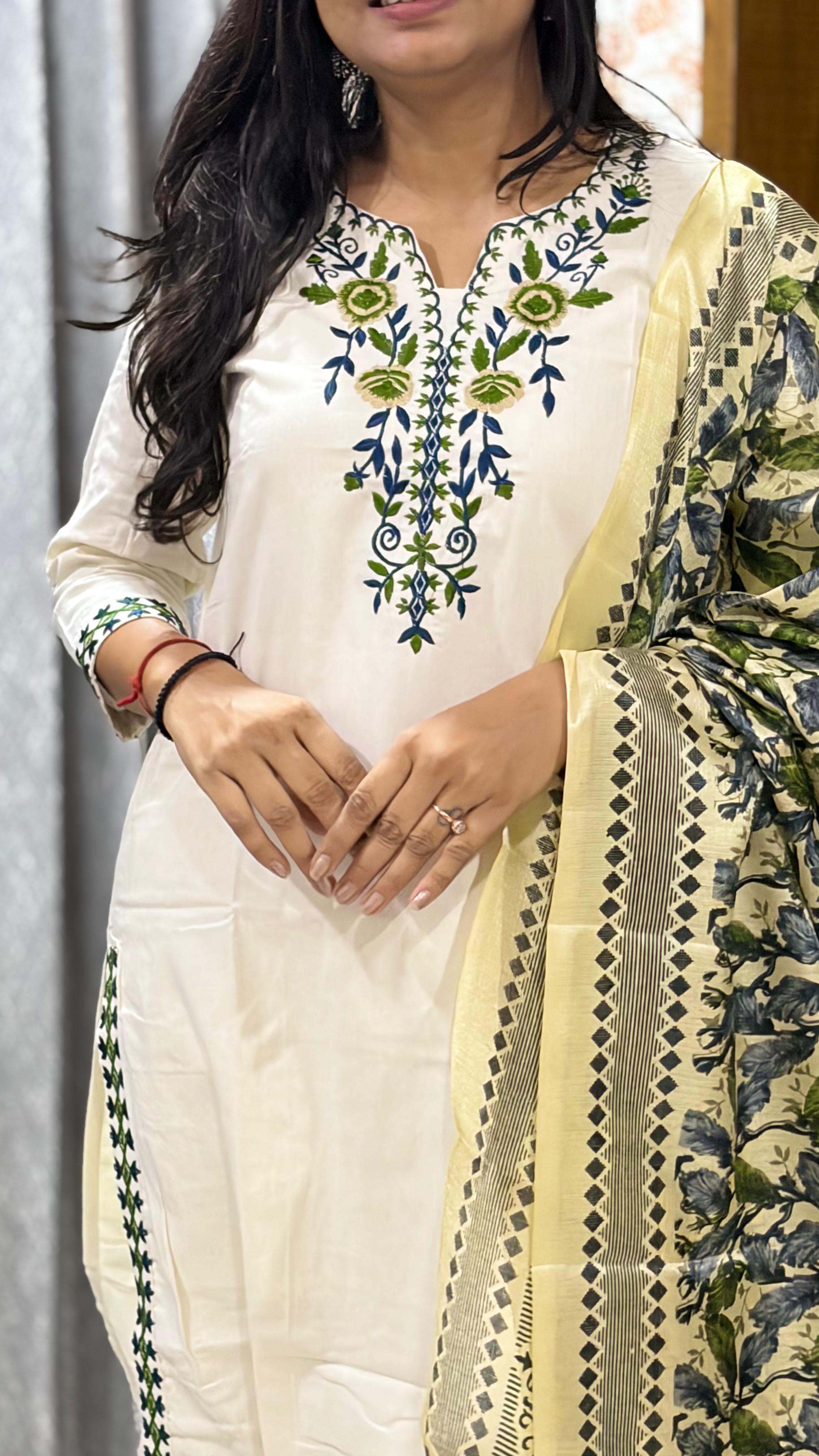 Laltika Women's Khadi Cotton Embroidered Kurta Pant Dupatta Set with Bhagalpuri Khadi Print Dupatta