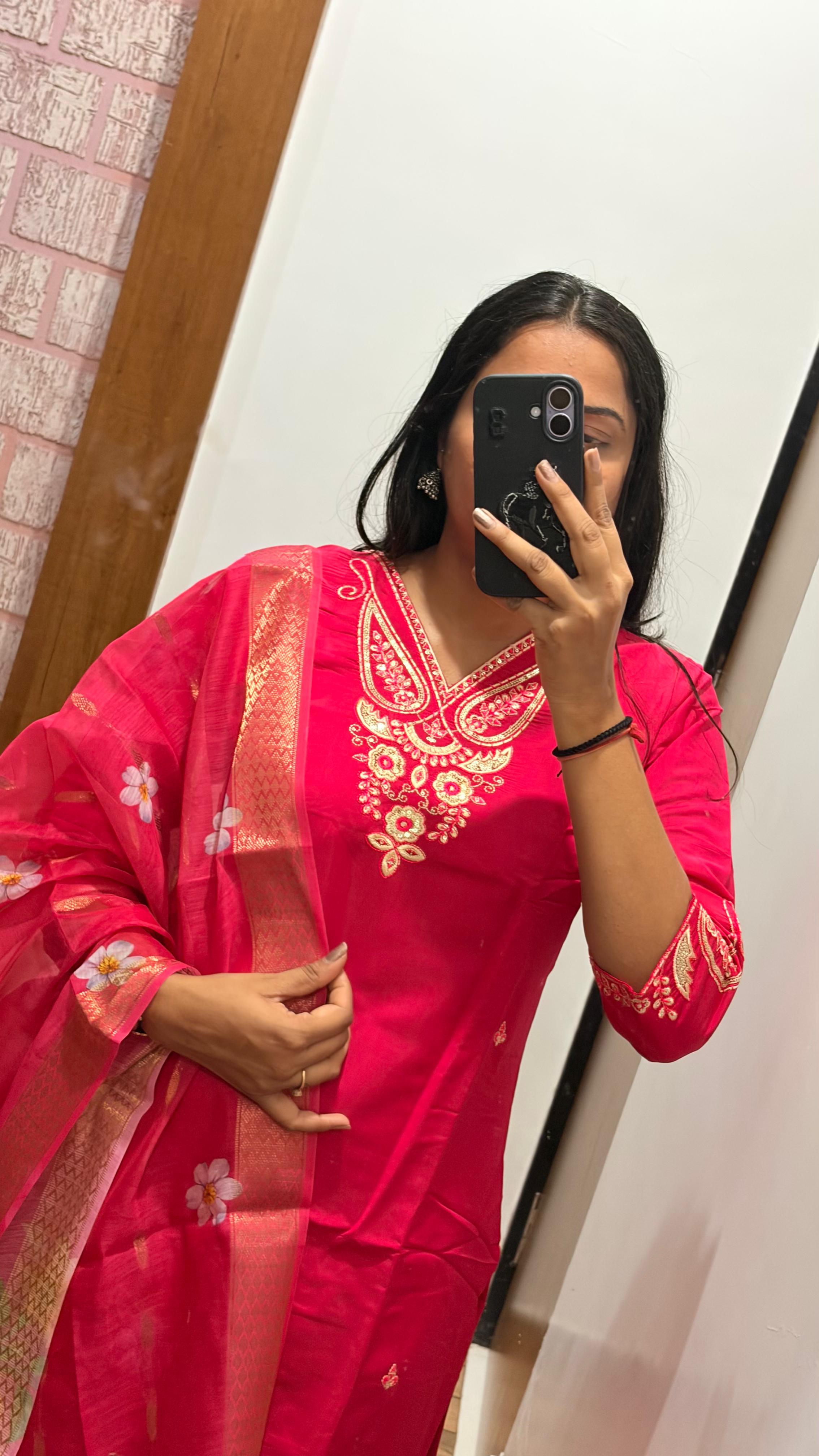 Laltika Pink Roman Silk Embroidered Kurta Pant Dupatta Set with Chanderi Jacquard Dupatta