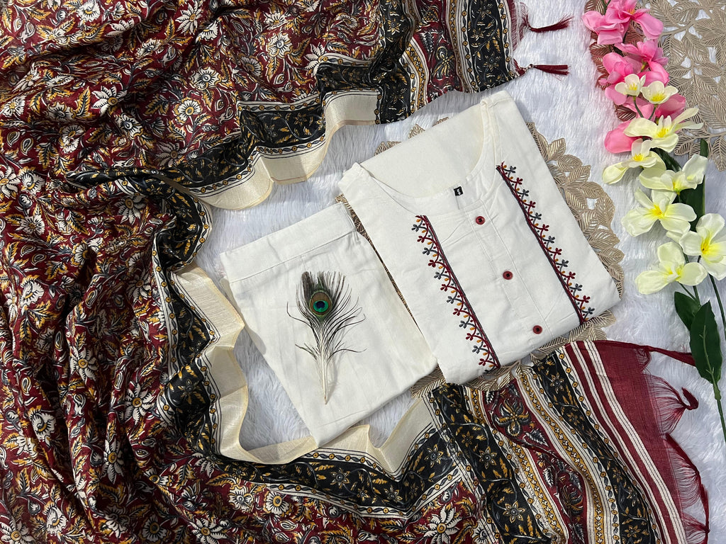 Khadi Cotton Embroidered Kurta Pant Dupatta Set for Women