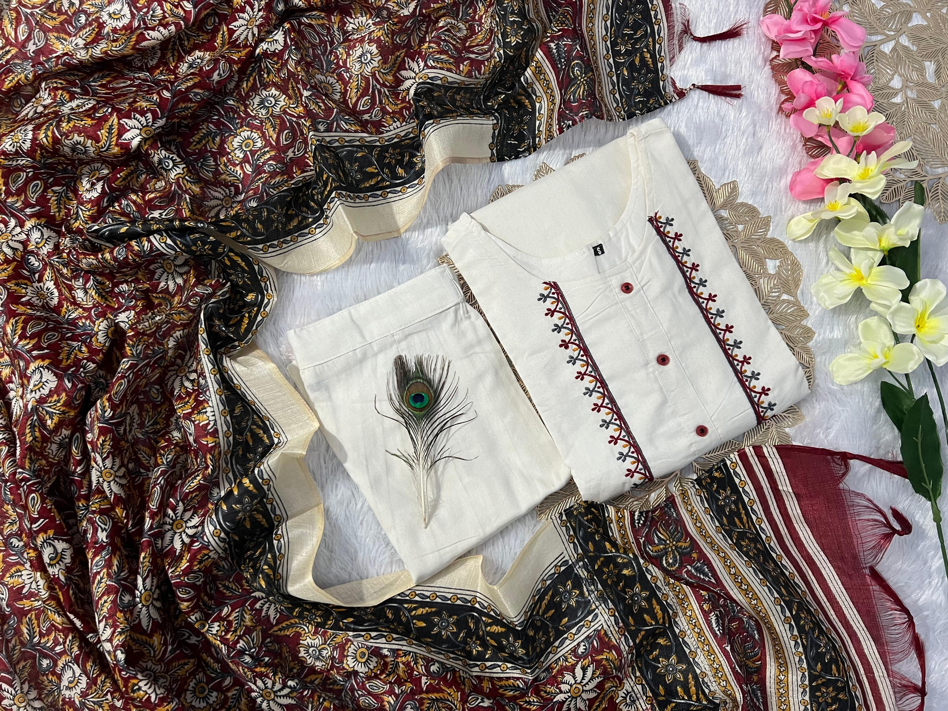 Khadi Cotton Embroidered Kurta Pant Dupatta Set for Women
