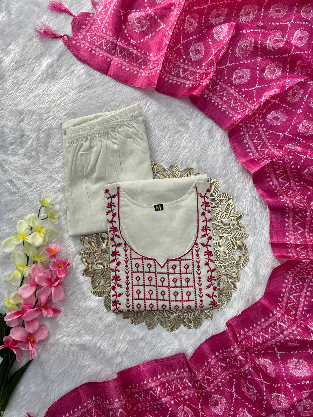 Khadi Cotton Embroidered Kurta Pant Dupatta Set for Women