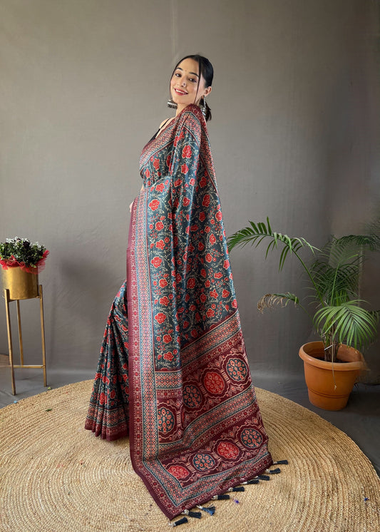 Digital Print Semi-Silk Saree with Tassels ✨