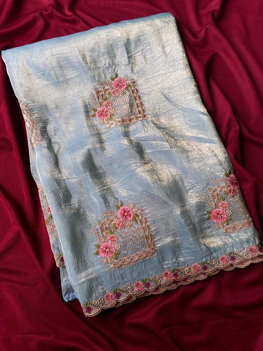 Pure Paper Silk Crush Saree with Embroidery & Swarovski Work