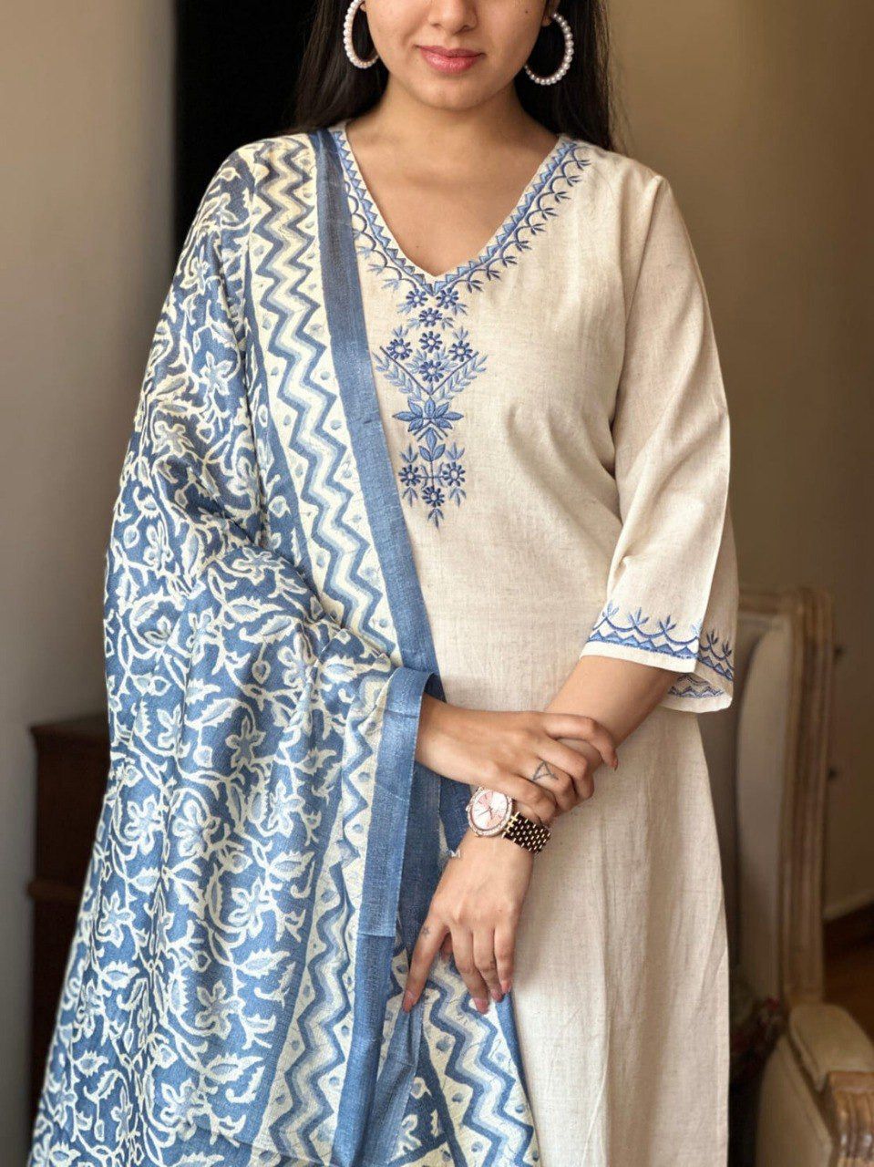 Laltika Women's Khadi Cotton Embroidered Kurta Pant Dupatta Set with Bhagalpuri Khadi Print Dupatta