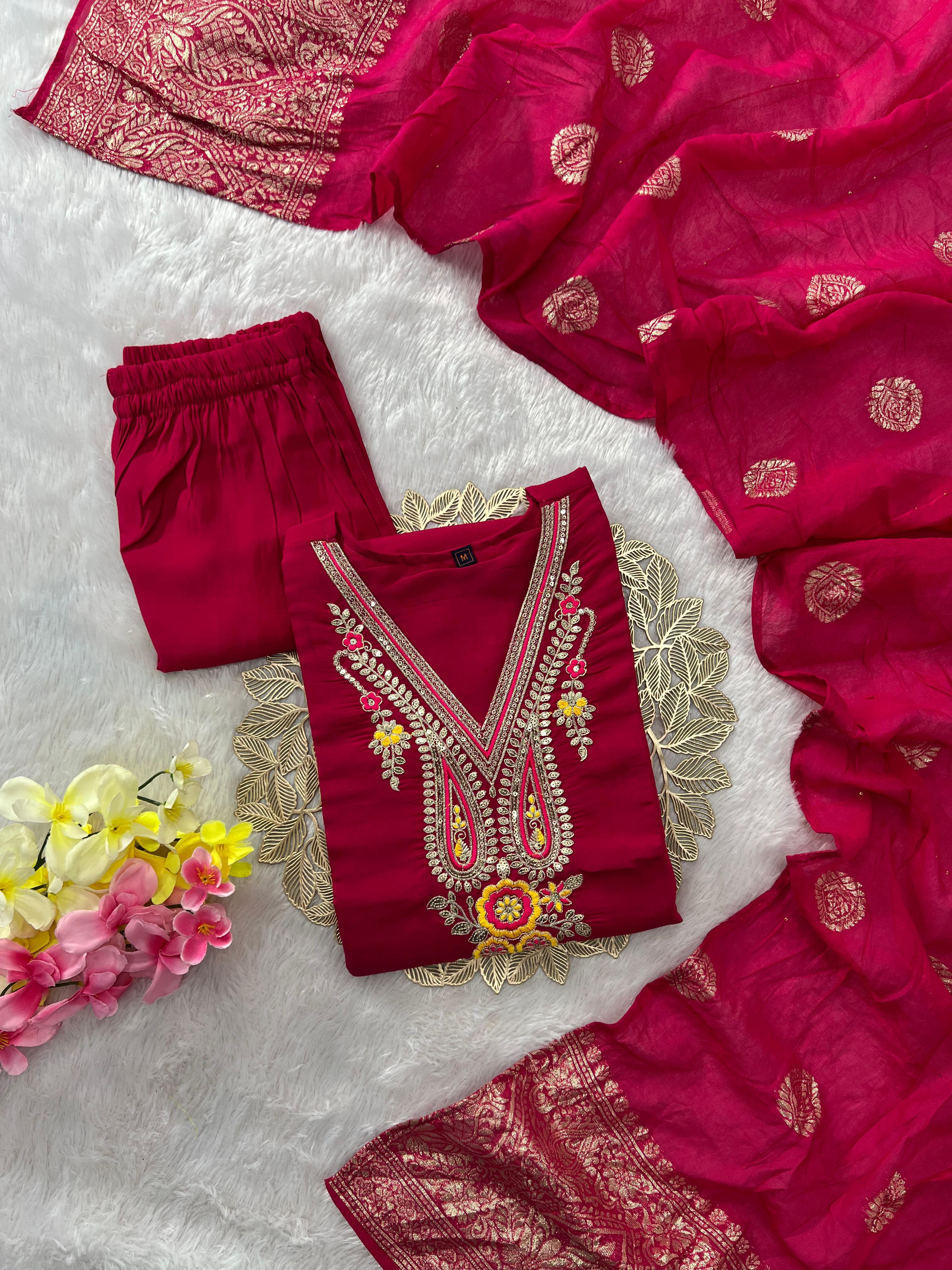 Pink Roman Silk Embroidered Kurta Pant Dupatta Set for Women
