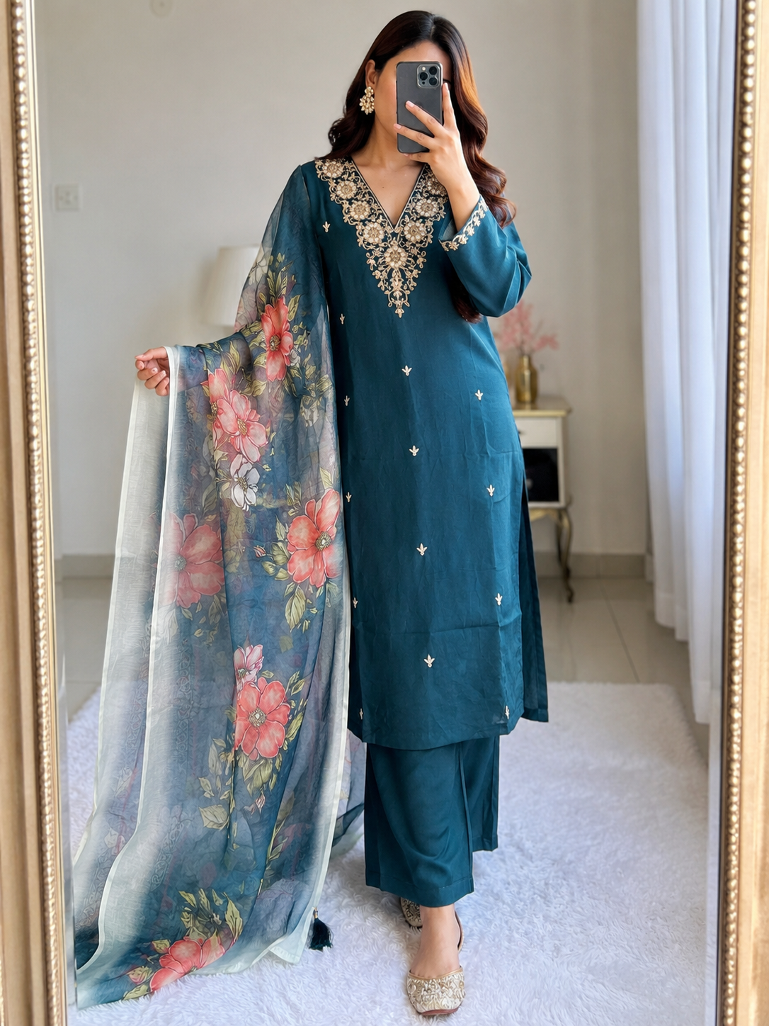 Teal Blue Roman Silk Embroidered Kurta Pant Dupatta Set for Women