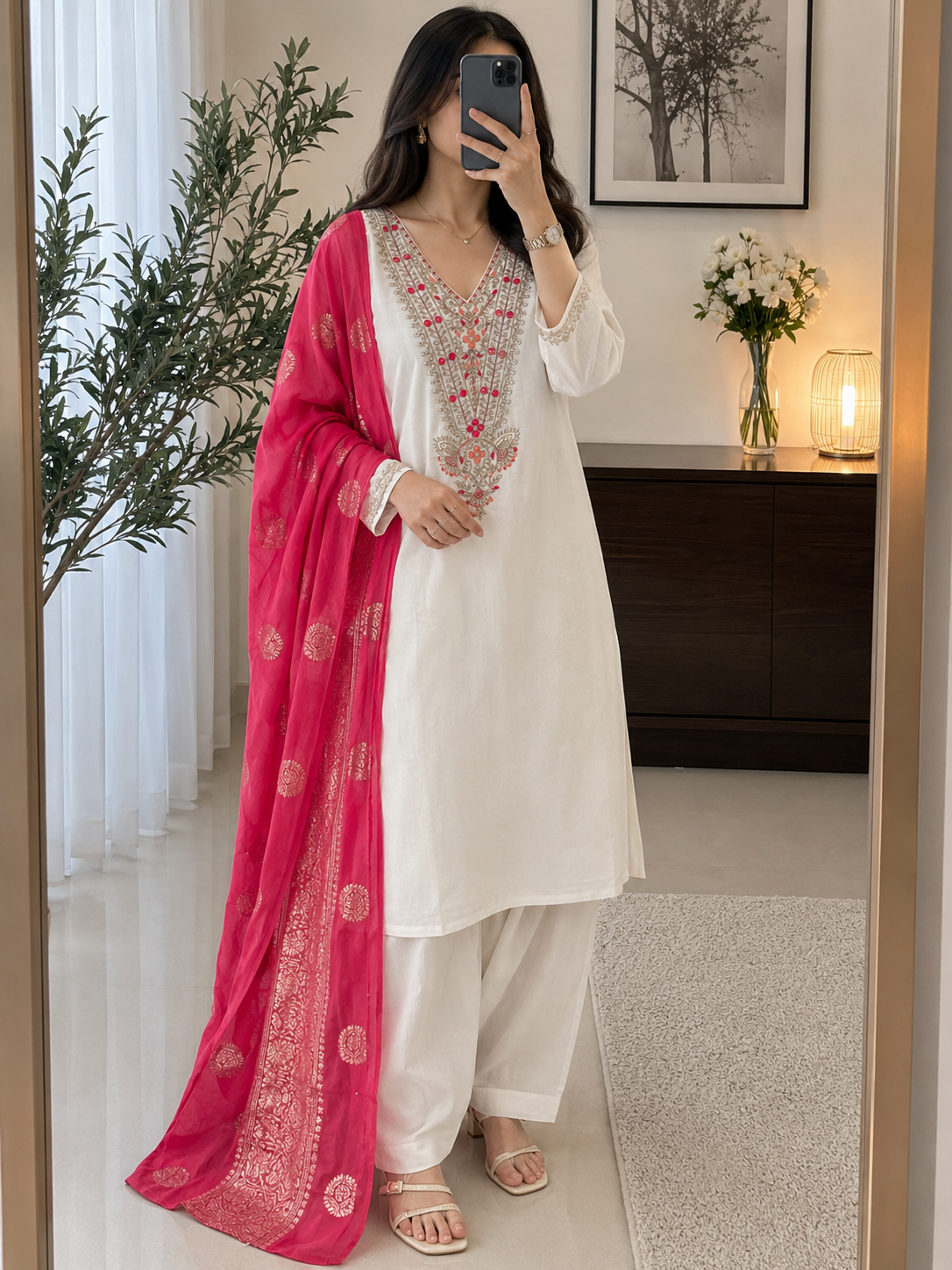 Off White Roman Silk Embroidered Kurta Pant Dupatta Set for Women