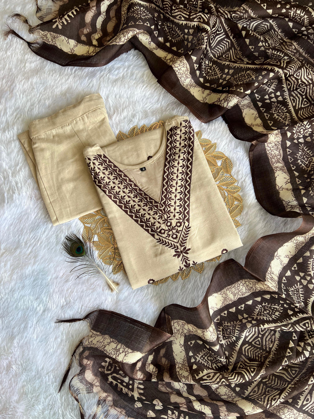 Laltika Chikoo Khadi Cotton Embroidered Kurta Pant Dupatta Set for Women with Bhagalpuri Khadi Print Dupatta