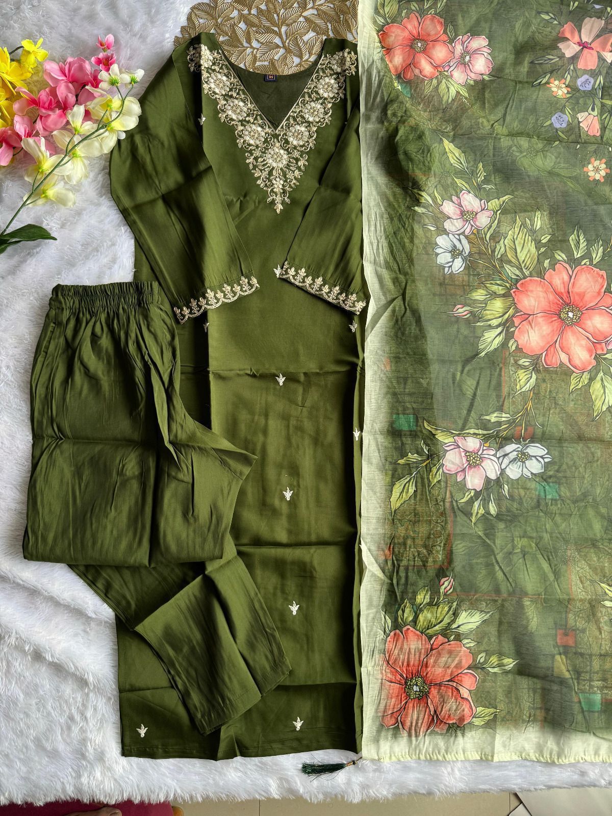 Laltika Mehndi Green Roman Silk Embroidered Kurta Pant Dupatta Set for Women with Chanderi Digital Print Dupatta