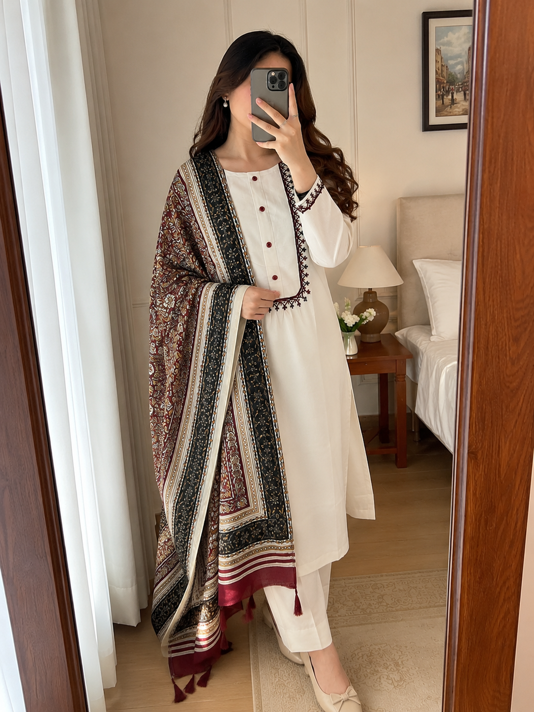 Khadi Cotton Embroidered Kurta Pant Dupatta Set for Women