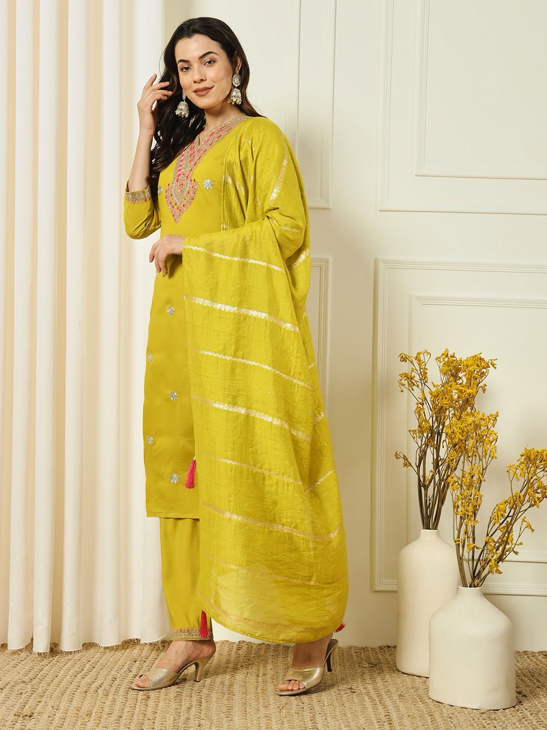 Laltika Women's Roman Silk Embroidered Kurta Pant Dupatta Set with Cotton Silk Dupatta