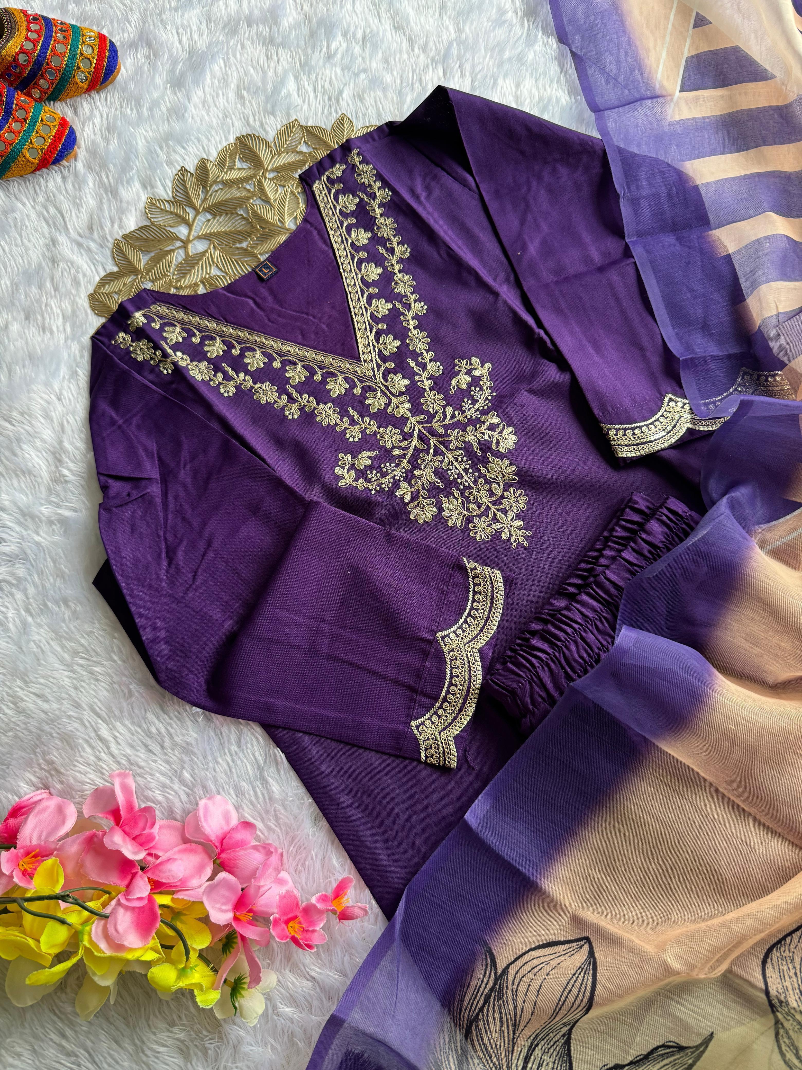 Rayon Slub Embroidered Kurta Pant Dupatta Set for Women