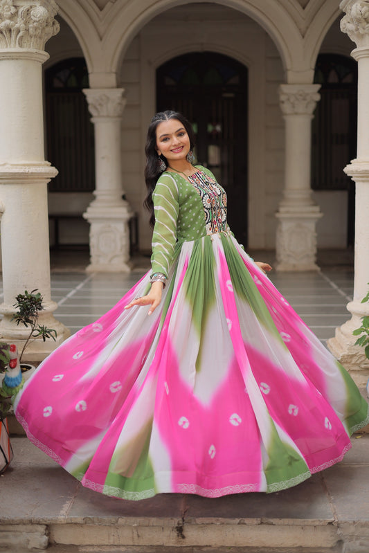 Navratri Bandhej Gown with Gamthi Embroidery | Mirror Work Faux Georgette Gown
