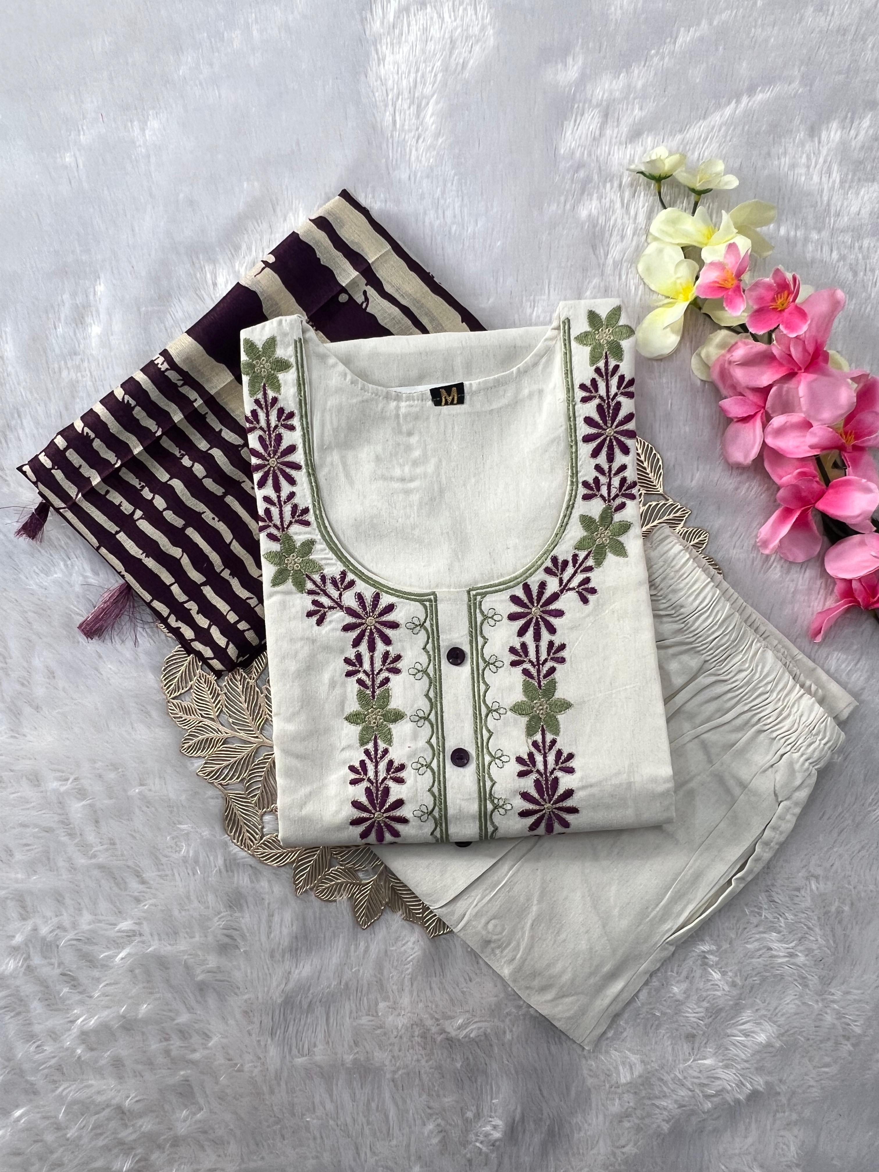Khadi Cotton Embroidered Kurta Pant Dupatta Set for Women