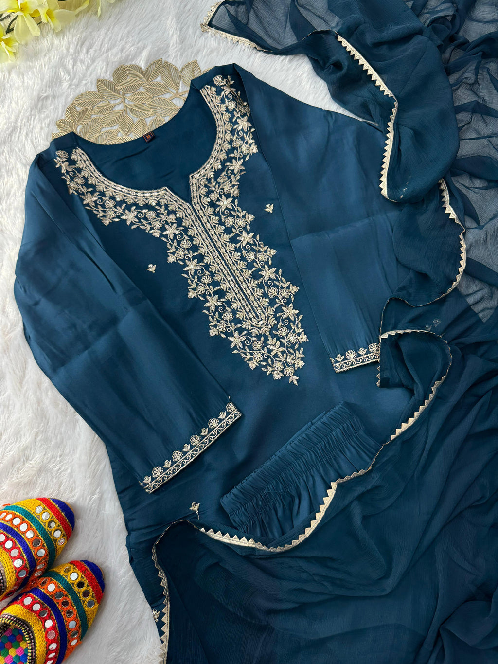 Roman Silk Embroidered Kurta Pant Dupatta Set with Nazneen Dupatta for Women