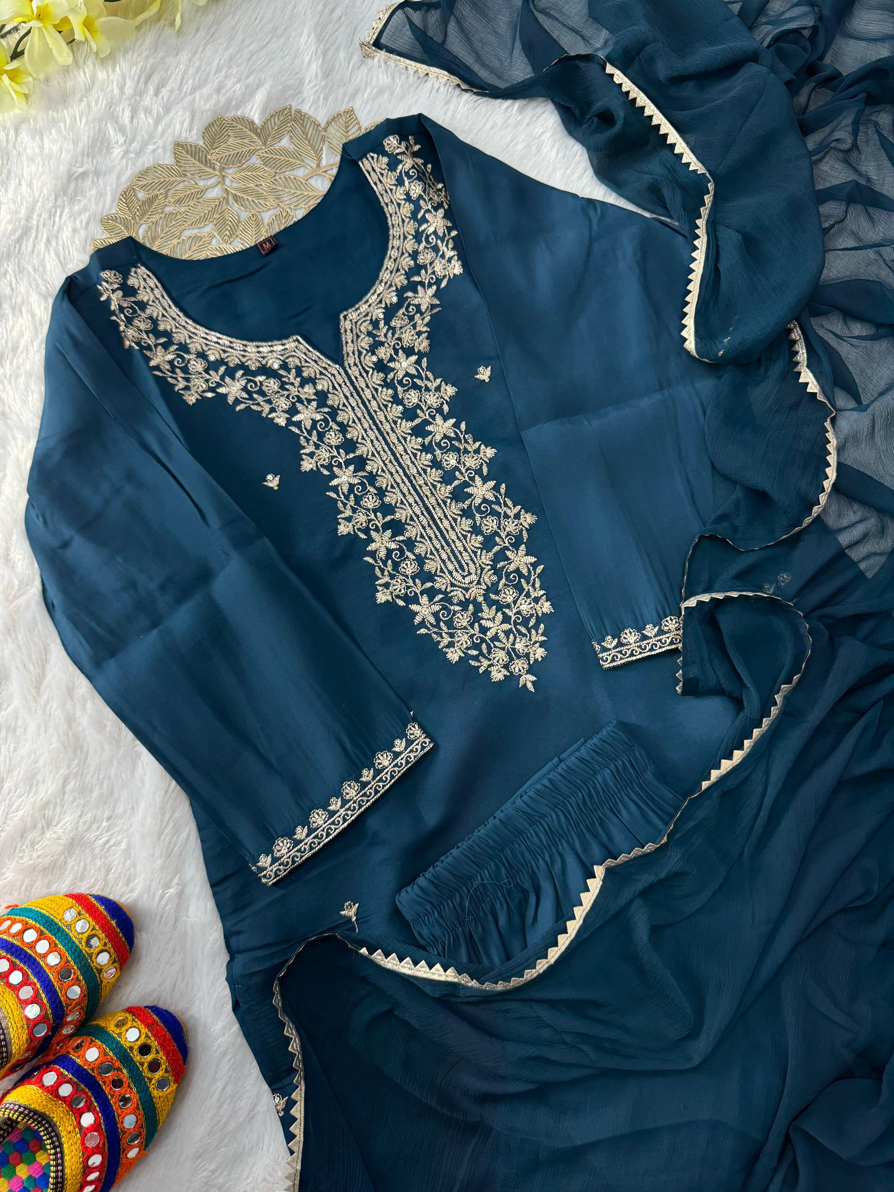 Roman Silk Embroidered Kurta Pant Dupatta Set with Nazneen Dupatta for Women